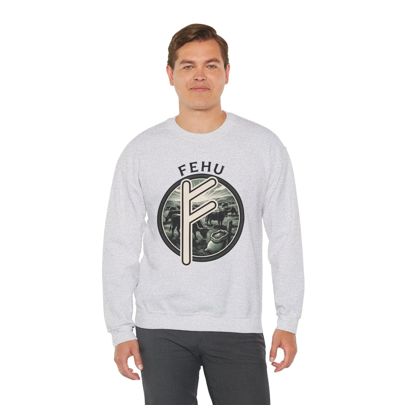 Fehu Rune Wealth Graphic Sweatshirt - Heavyweight 50/50 Fleece Crewneck - Unisex White