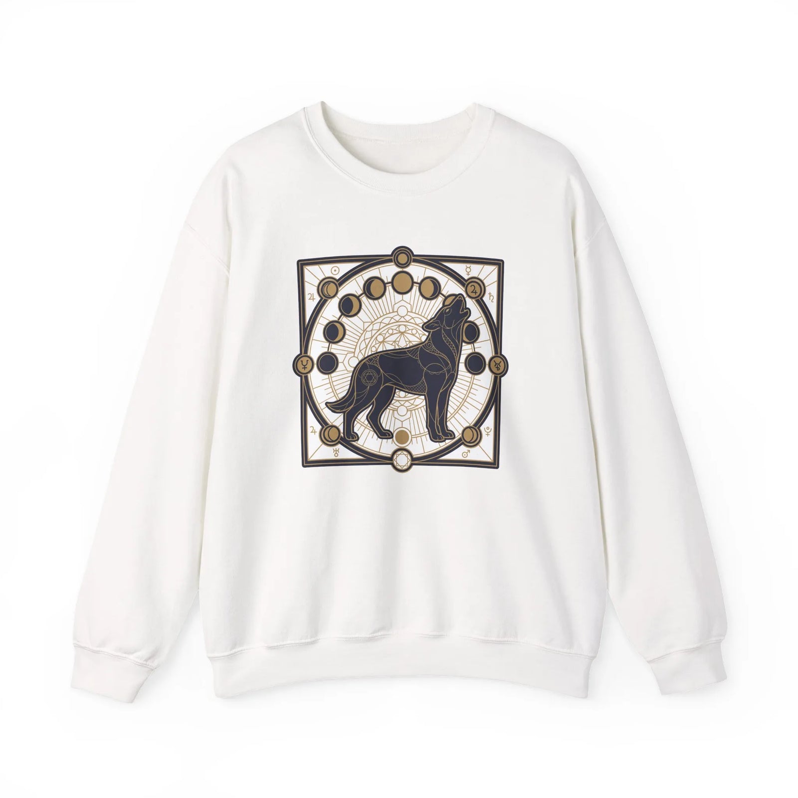 Sacred Geometry Spirit Dog Sweatshirt - Heavyweight Cotton Blend Crewneck - Unisex White