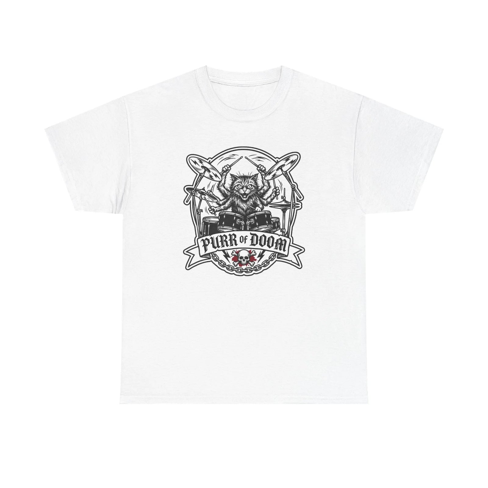 Heavy Metal Rocker Cat Drummer T-Shirt - Heavy Cotton Classic Fit Tee - Unisex White
