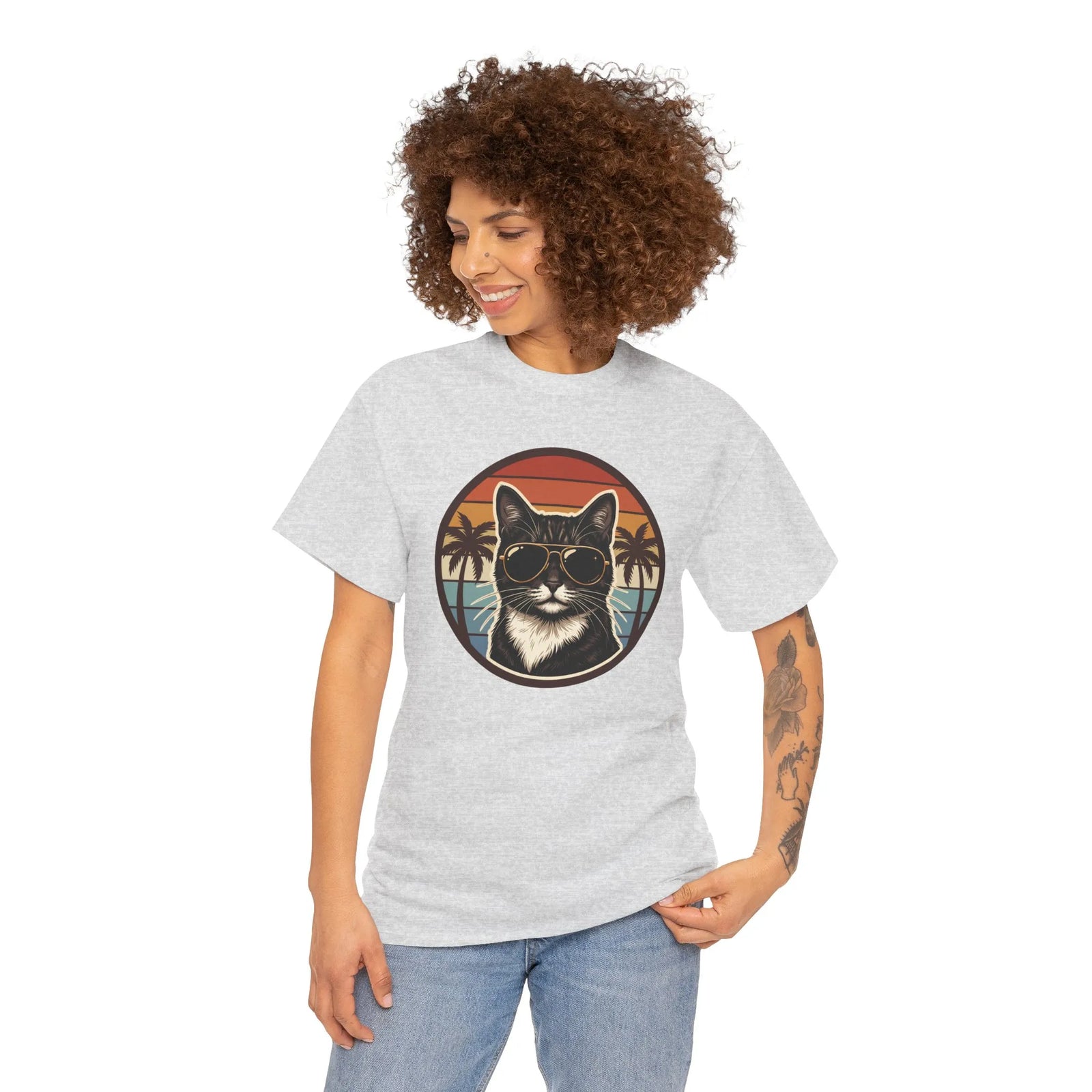 Tuxedo Cool Cats 70s Sunset Aviators T-Shirt - Heavy Cotton Classic Fit Tee - Unisex White