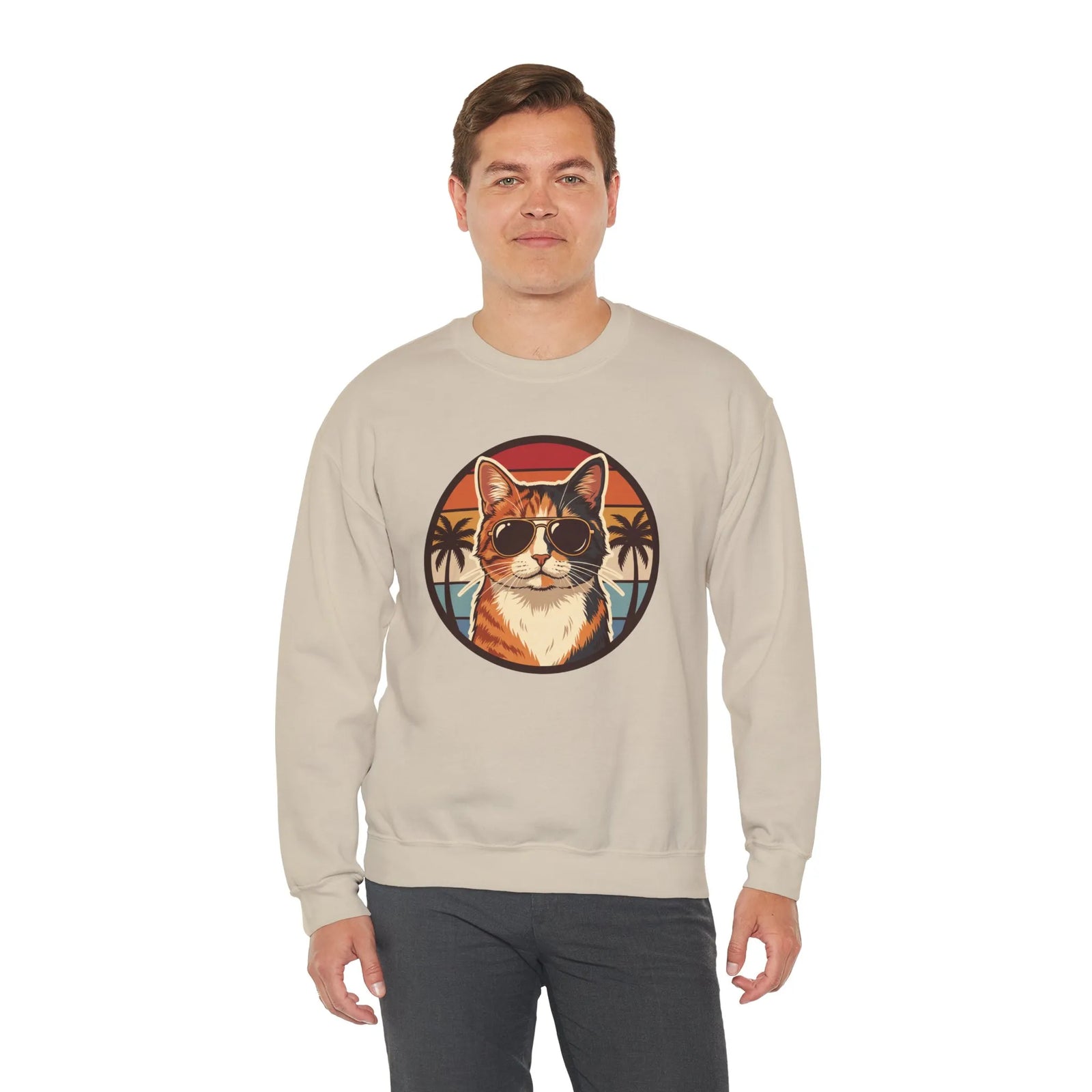 Calico Cool Cats 70s Sunset Aviators Sweatshirt - Medium Heavyweight Fleece Crewneck - Unisex White
