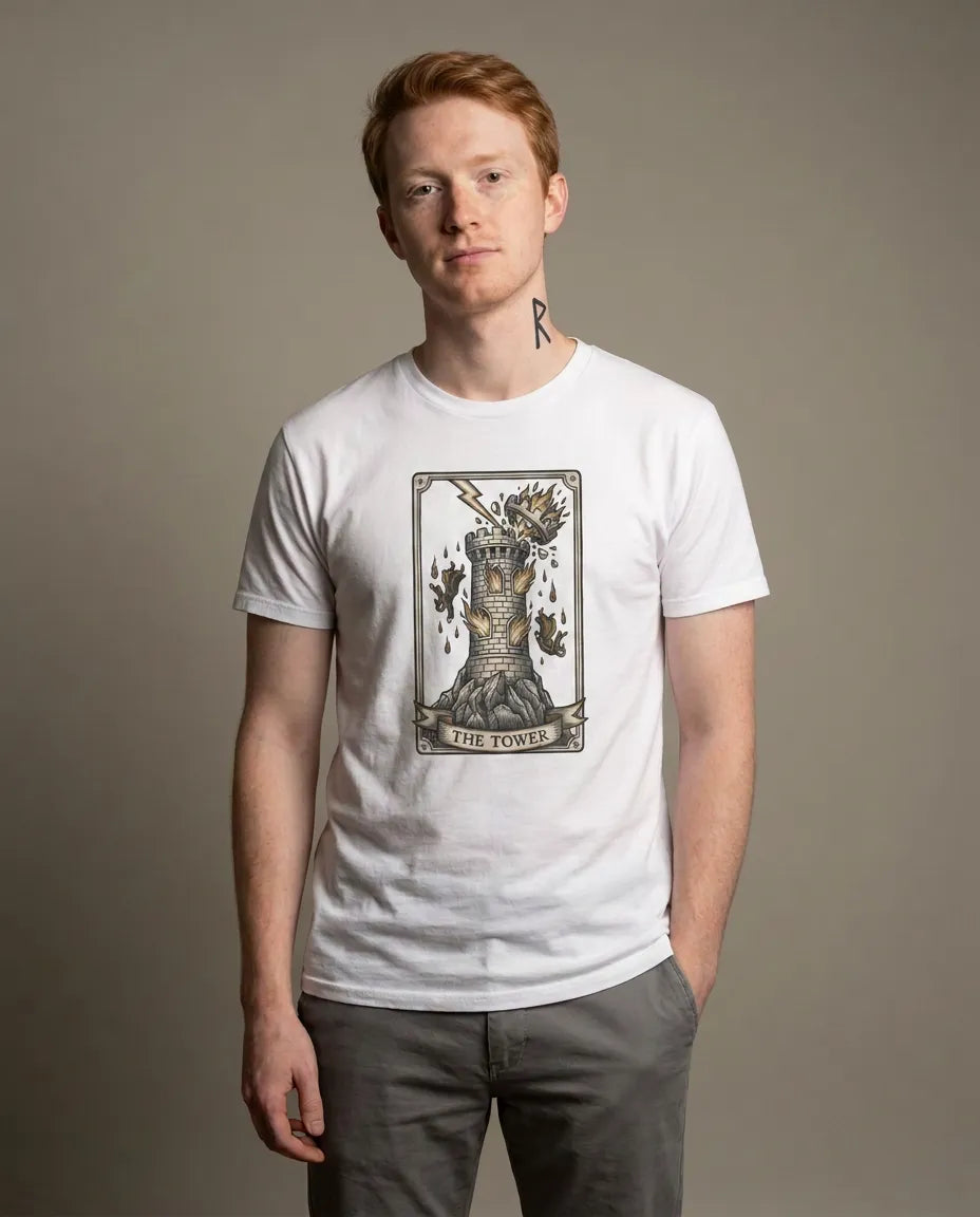 The Tower Tarot Card Graphic T-Shirt - Heavy Cotton Classic Fit Tee - Unisex White