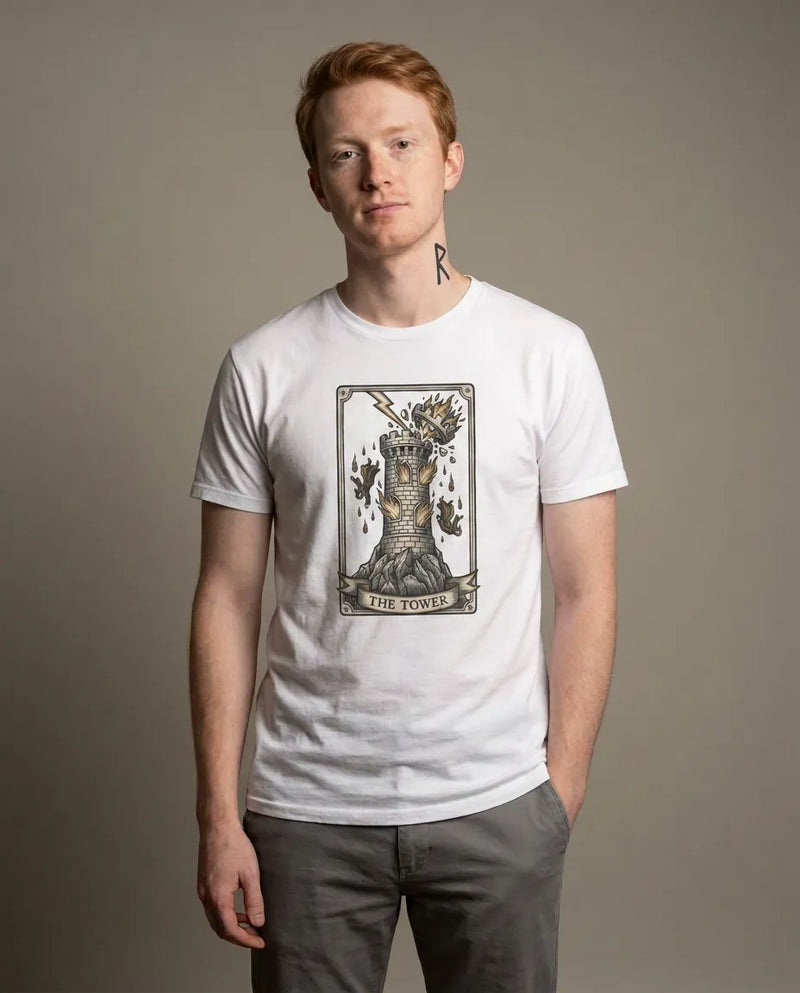 The Tower Tarot Card Graphic T-Shirt - Heavy Cotton Classic Fit Tee - Unisex White