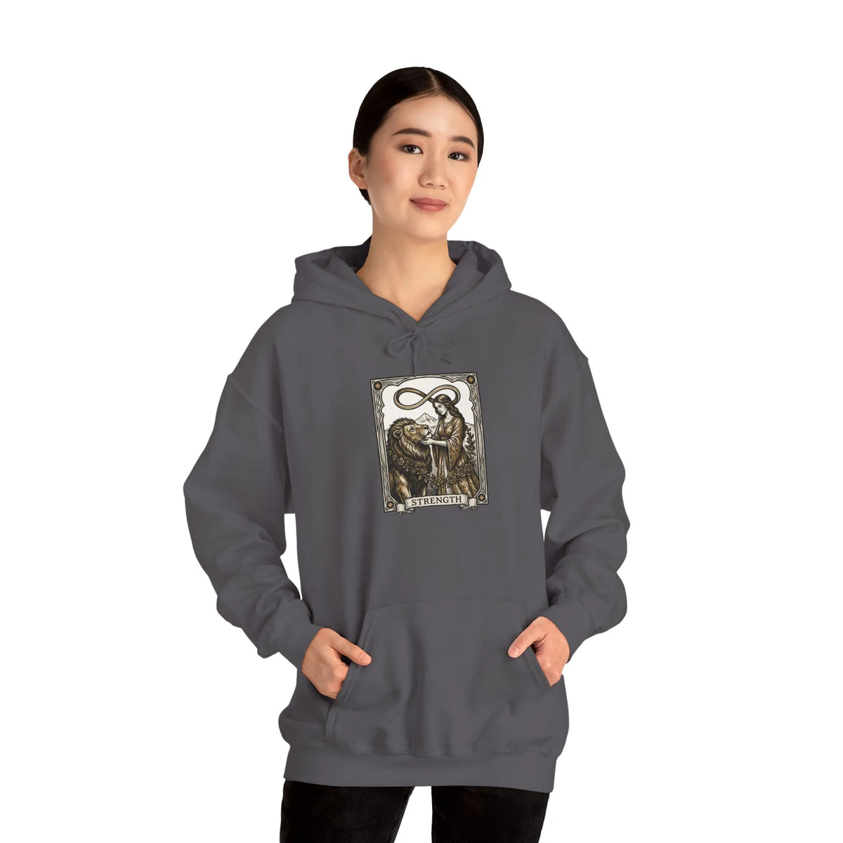 Strength Tarot Card Graphic Hoodie - Heavy Blend Fleece Pullover - Unisex White
