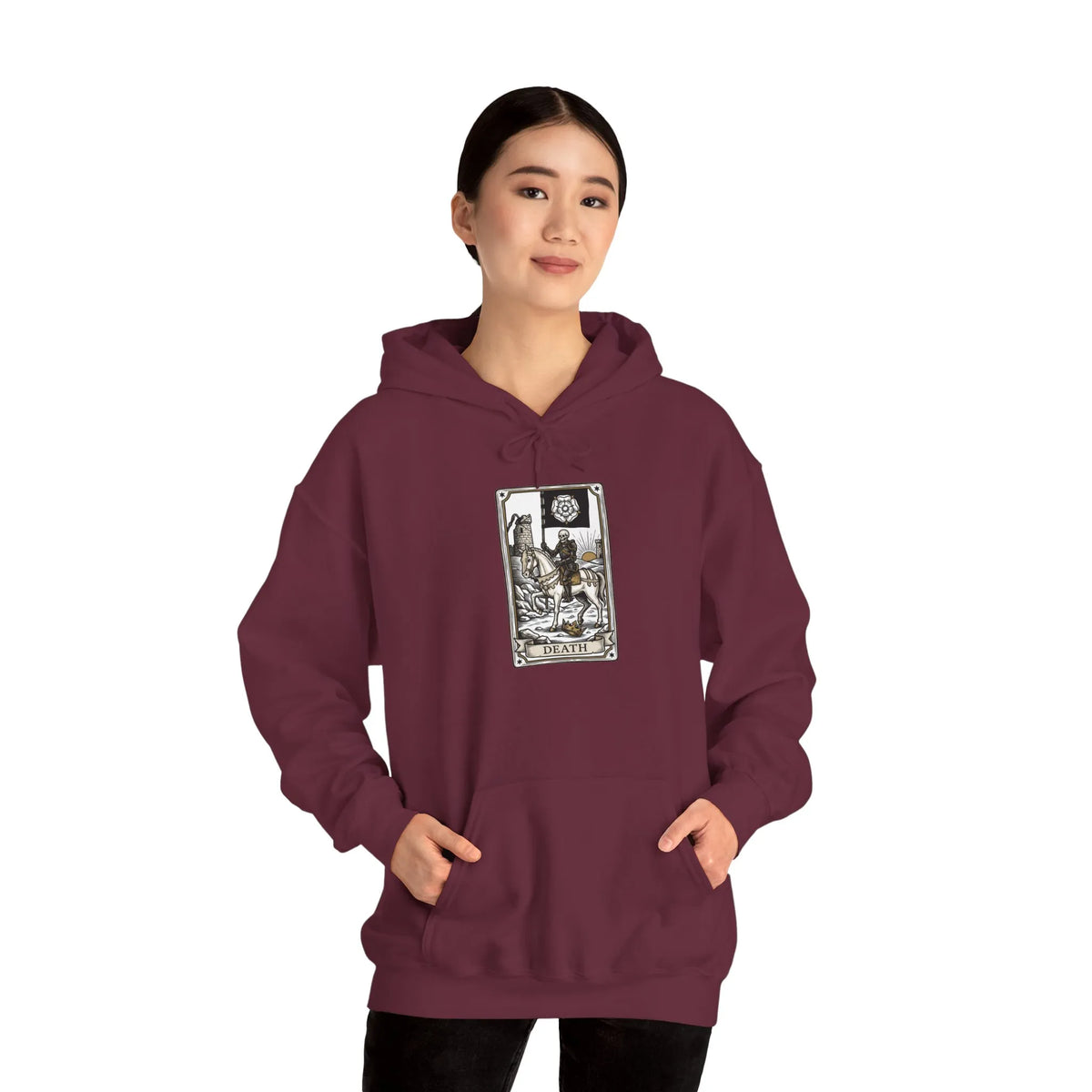 Death Tarot Card Graphic Hoodie - Medium-Heavy Cotton-Poly Blend Pullover - Unisex White