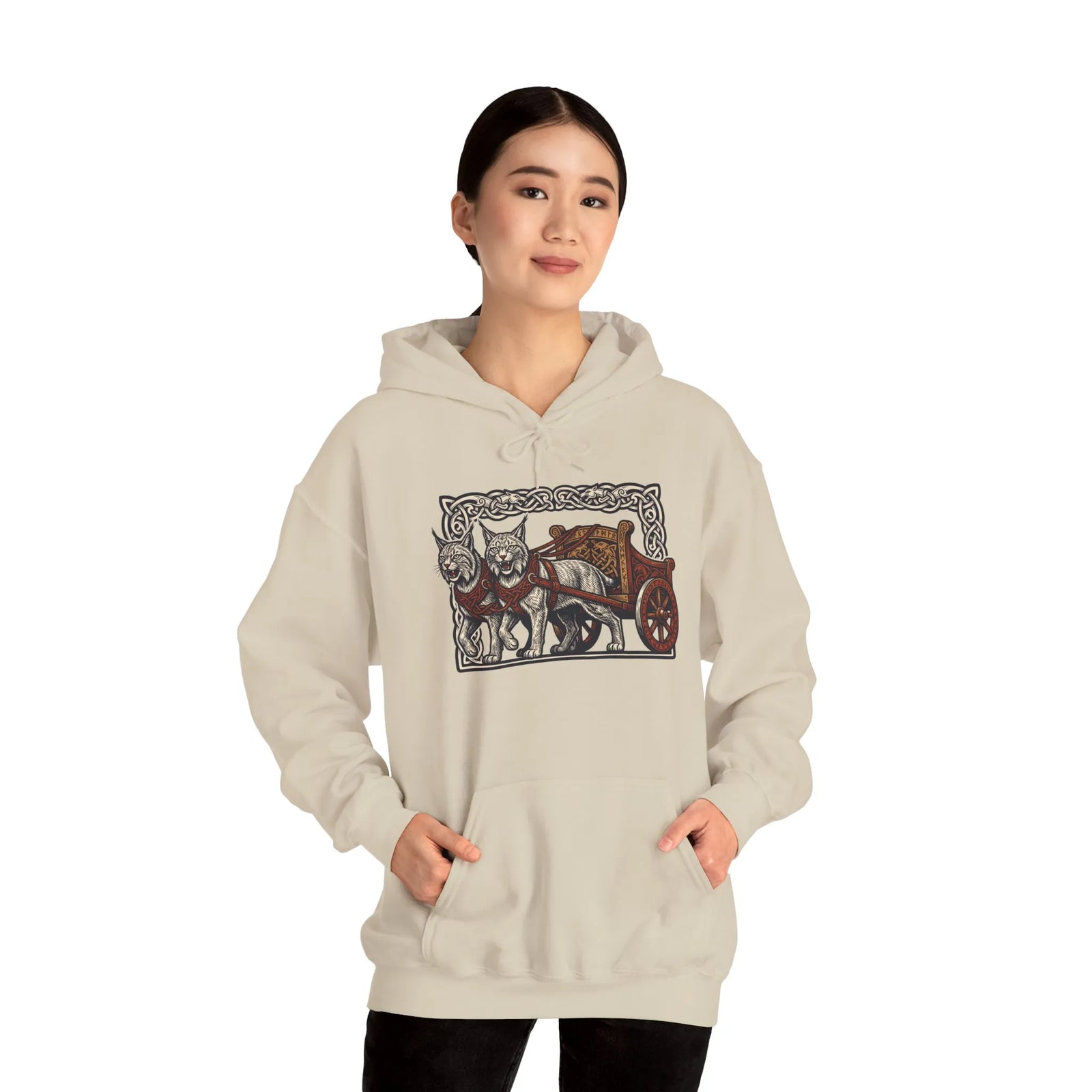 Freyja's Sacred Cats Chariot Graphic Hoodie - Cozy Fleece Pullover Hoodie - Unisex Off White