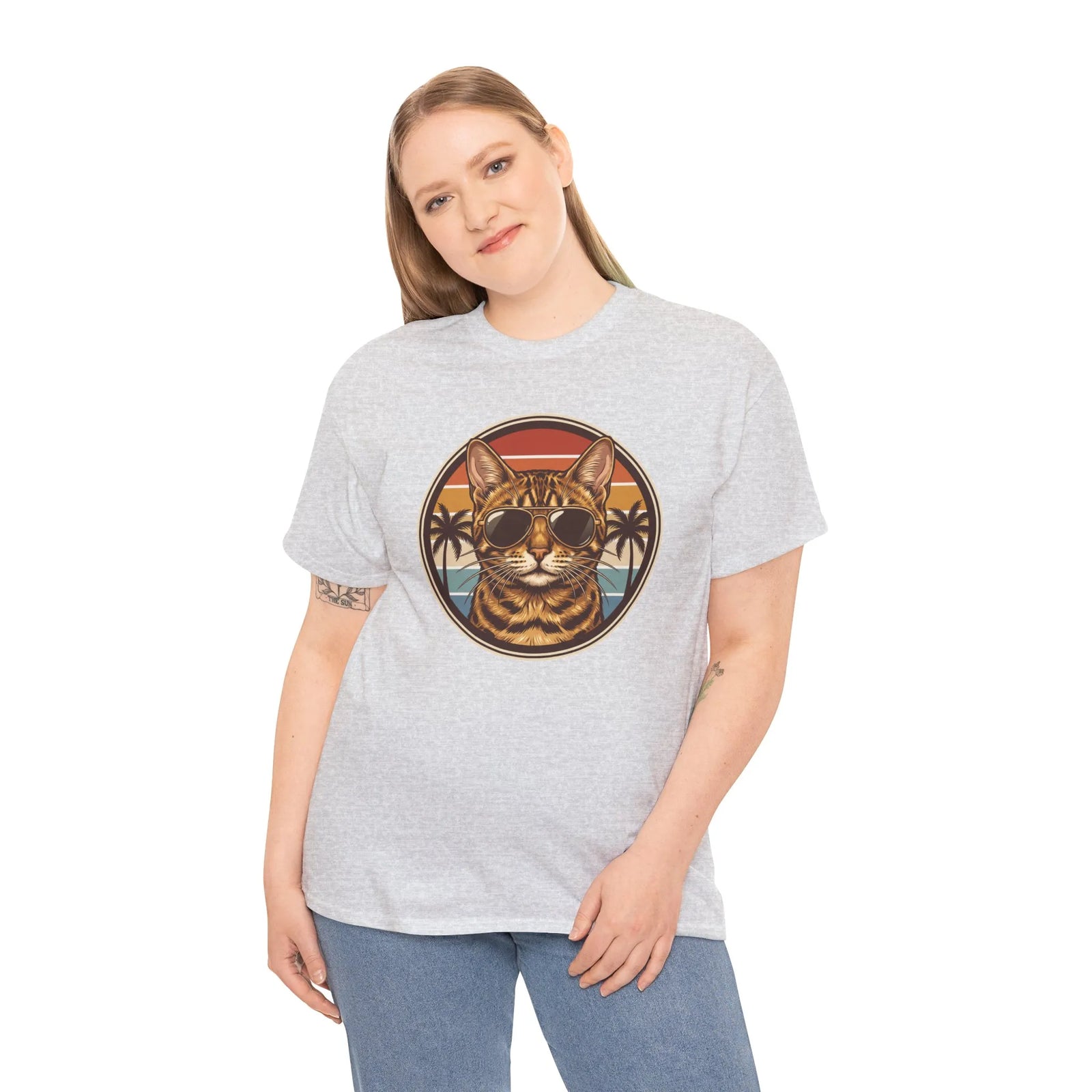 Bengal Cat Aviator Sunset T-Shirt - Heavy Cotton Classic Fit Tee - Unisex White