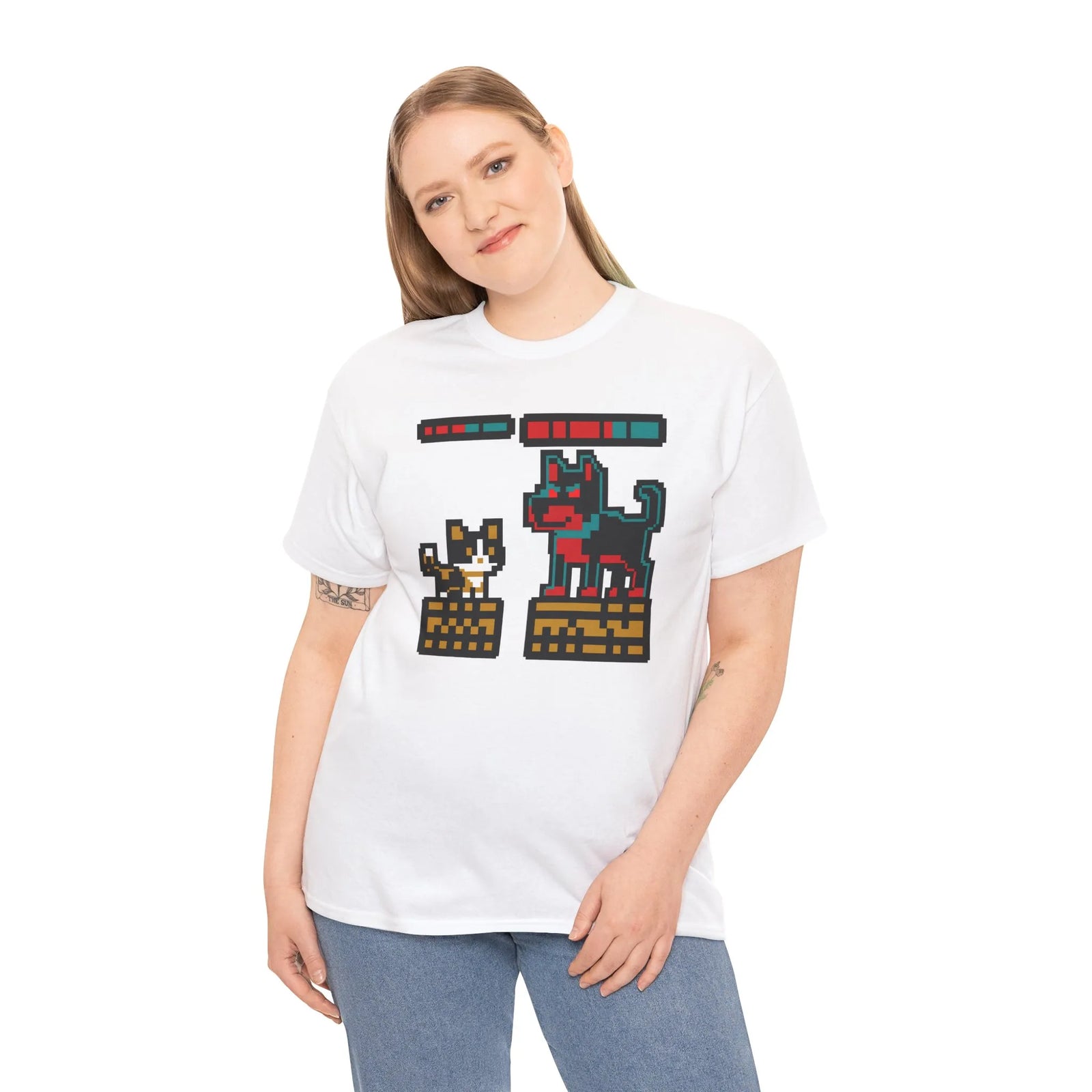 8-Bit Pixel Gaming Cats Boss Fight T-Shirt - Heavy Cotton Classic Fit Tee - Unisex White