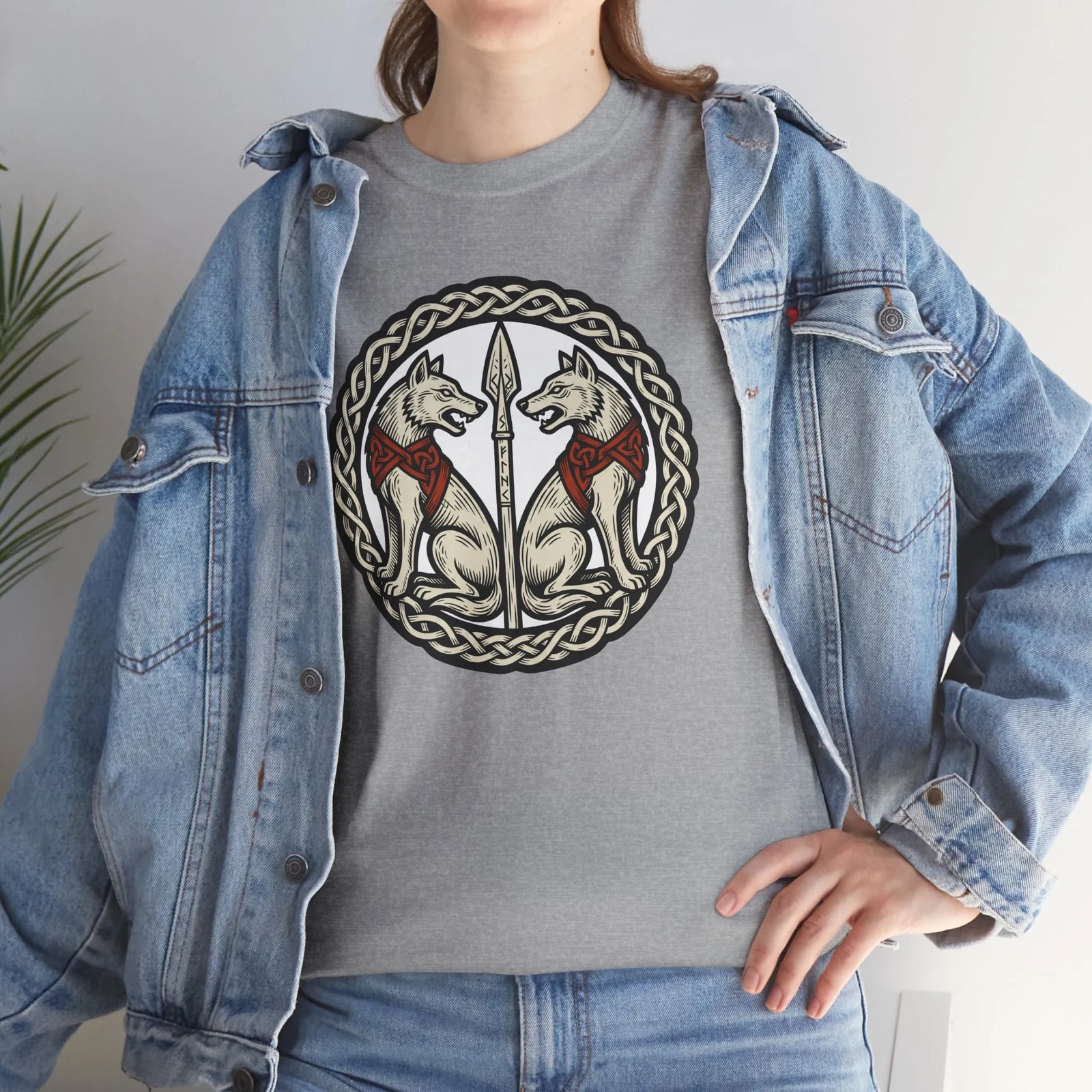 Geri and Freki Odin's Wolves Woodcut T-Shirt - Heavy Cotton Classic Fit Tee - Unisex White