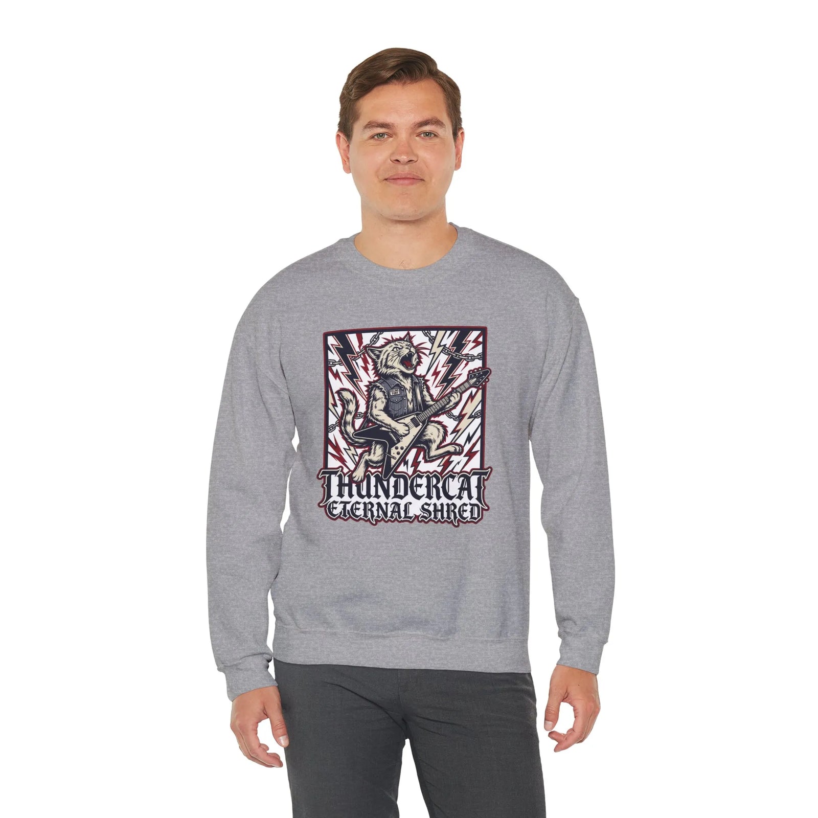 Heavy Metal Rocker Cat Sweatshirt - Heavy Blend Fleece Crewneck - Unisex White