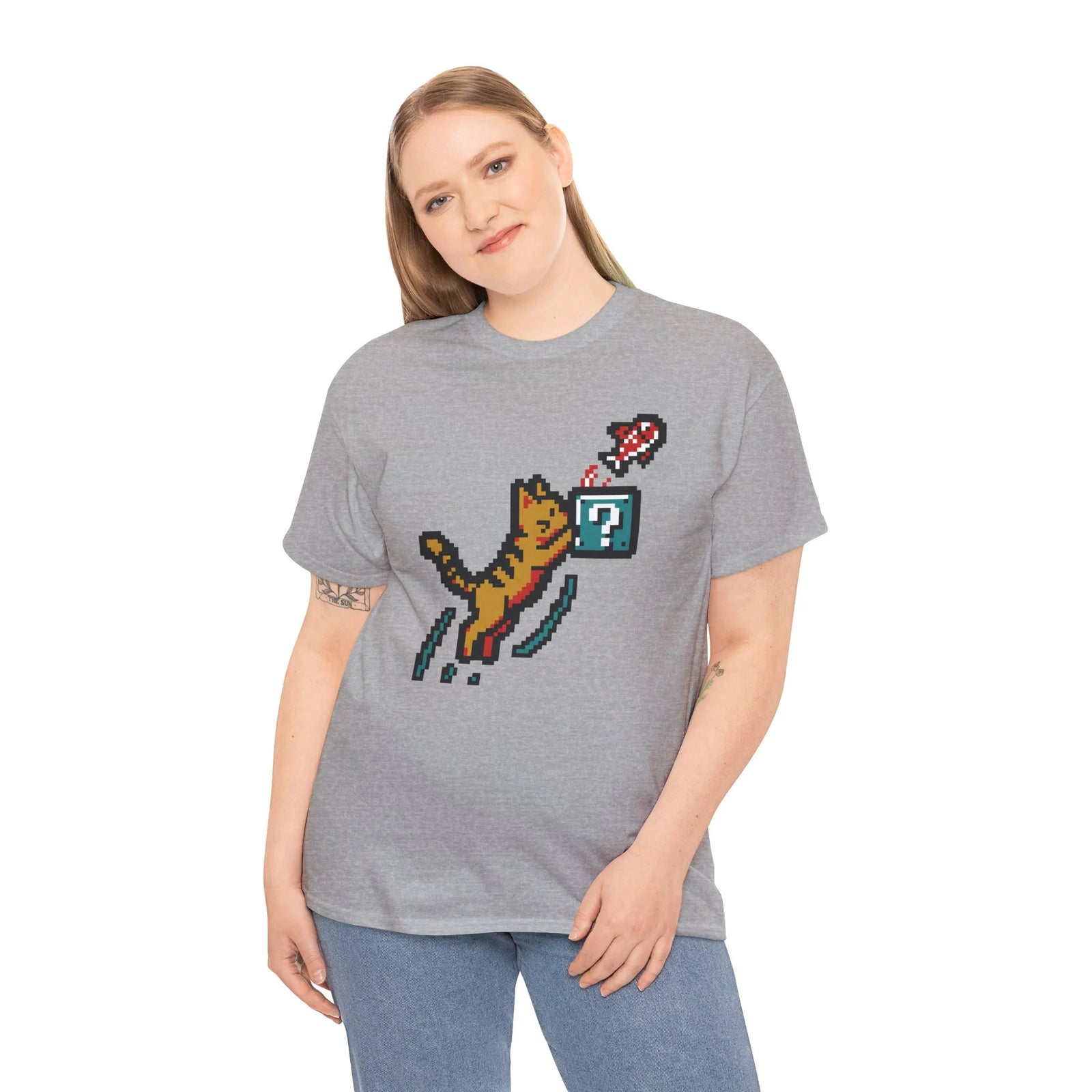 8-Bit Pixel Gaming Cats Graphic T-Shirt - Heavy Cotton Classic Fit Tee - Unisex White