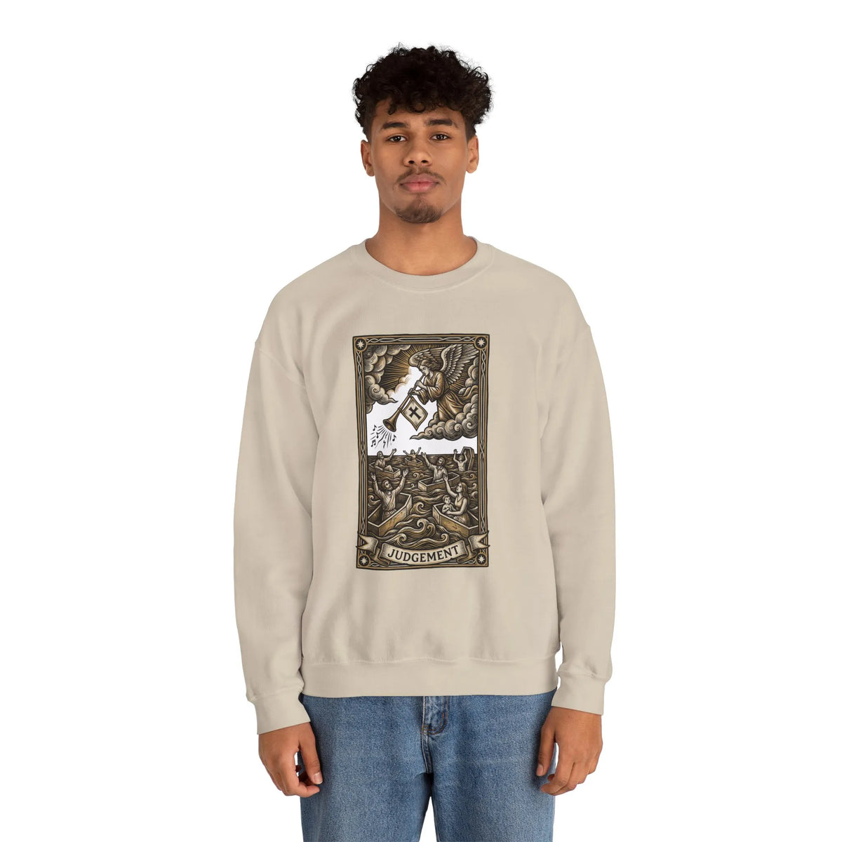 Judgement Tarot Card Graphic Sweatshirt - Heavy Blend Classic Fit Crewneck - Unisex White