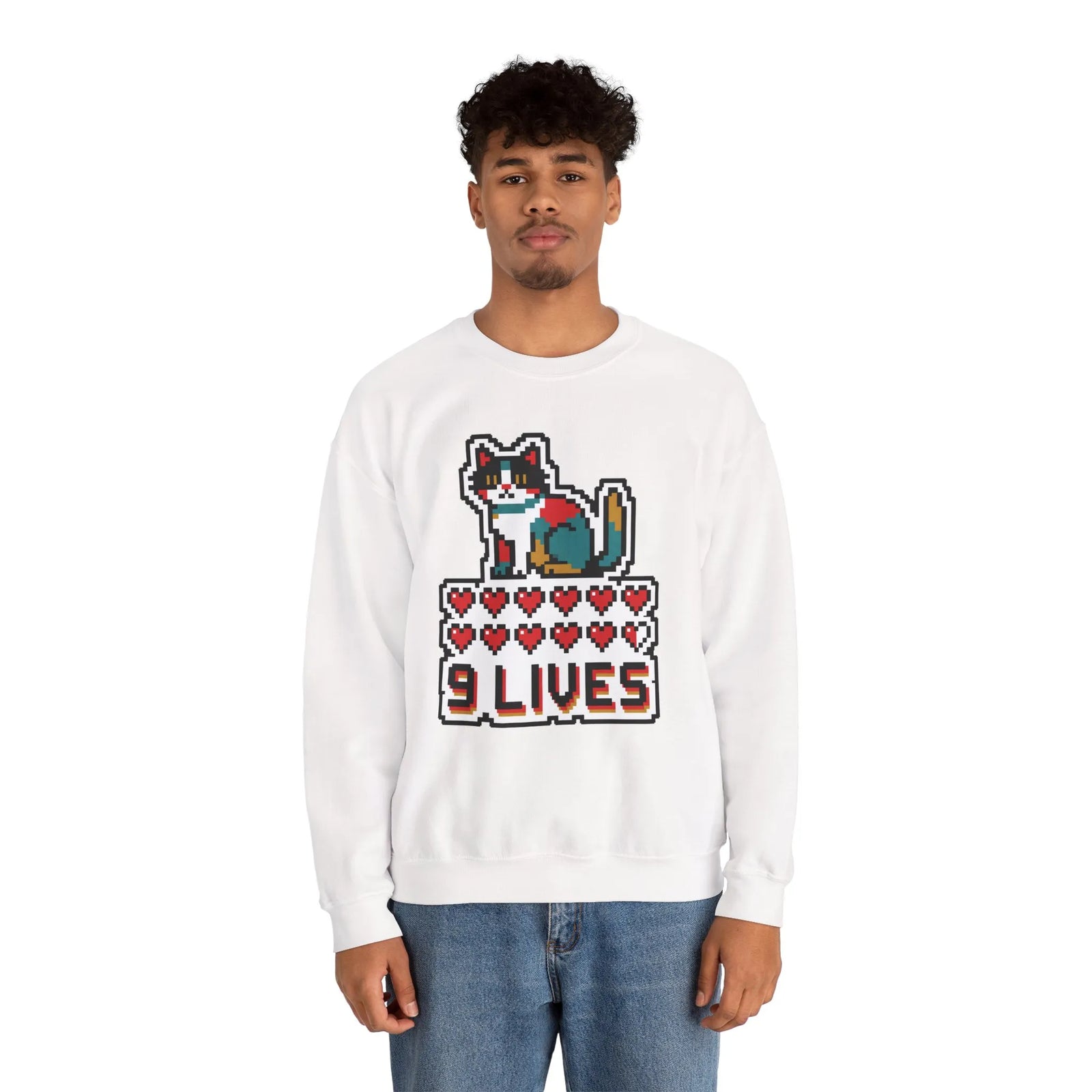 Nine Lives 8-Bit Pixel Gaming Cat Sweatshirt - Heavy Blend Fleece Crewneck - Unisex White