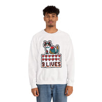 Nine Lives 8-Bit Pixel Gaming Cat Sweatshirt - Heavy Blend Fleece Crewneck - Unisex White