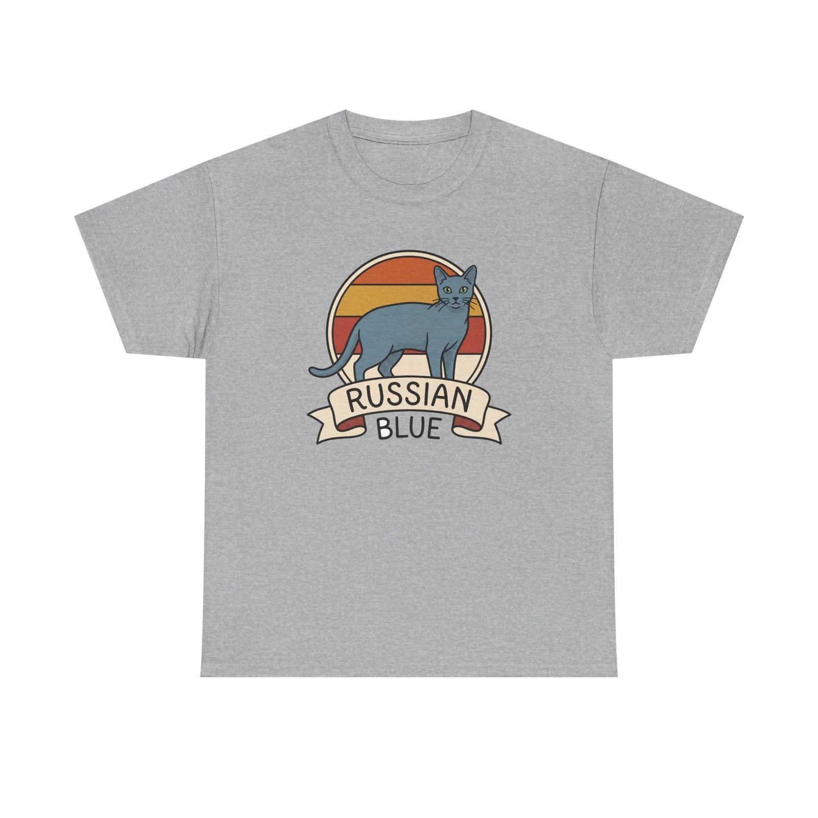 Russian Blue Retro 70s Sunset T-Shirt - Heavy Cotton Classic Fit Tee - Unisex White