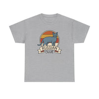 Russian Blue Retro 70s Sunset T-Shirt - Heavy Cotton Classic Fit Tee - Unisex White