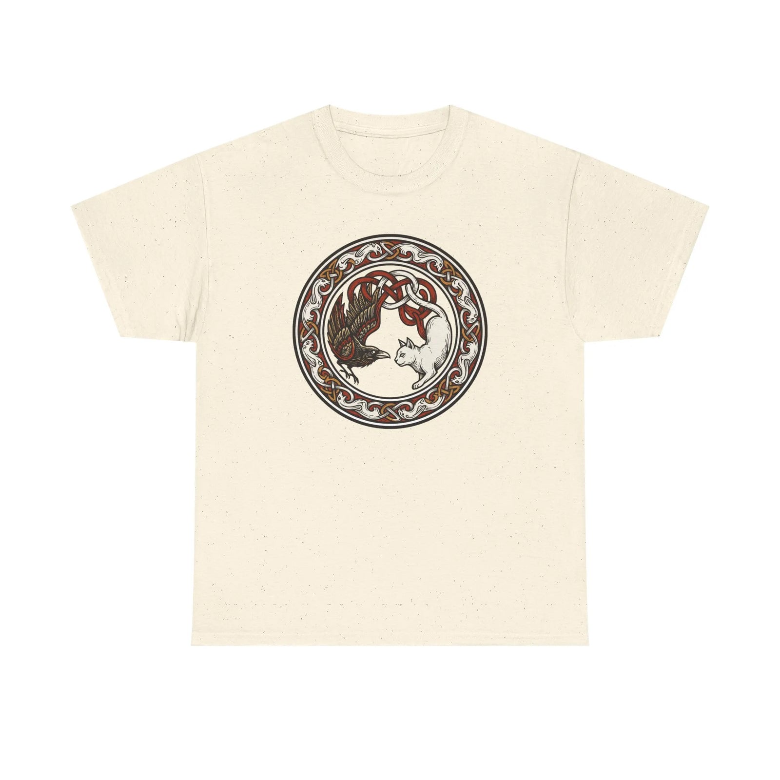Norse Cat & Raven Woodcut T-Shirt - Heavy Cotton Classic Fit Tee - Unisex White