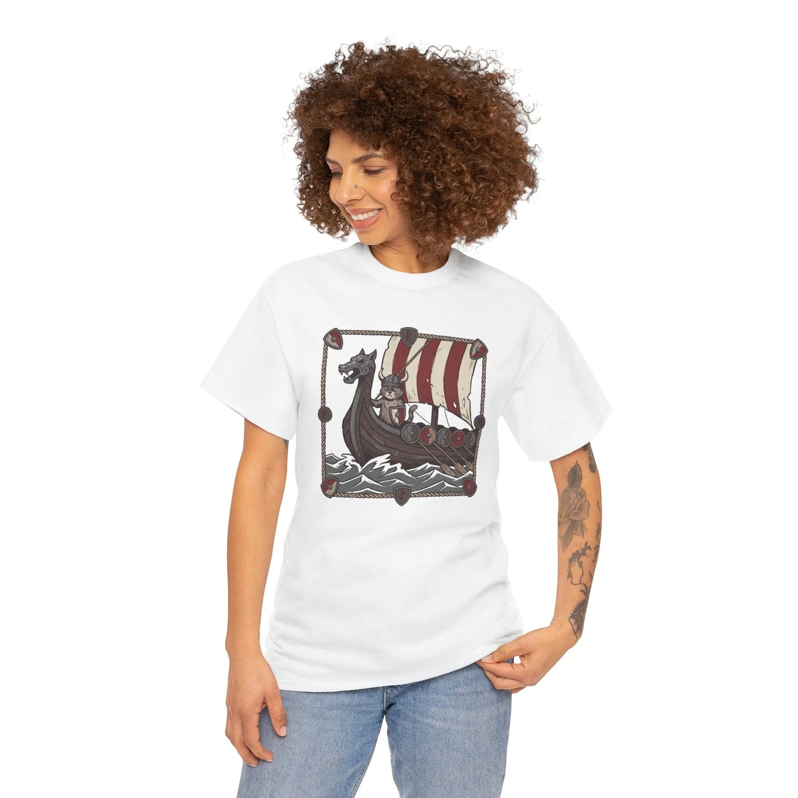Viking Berserker Cat Longship T-Shirt - Heavyweight Cotton Classic Crewneck - Unisex White
