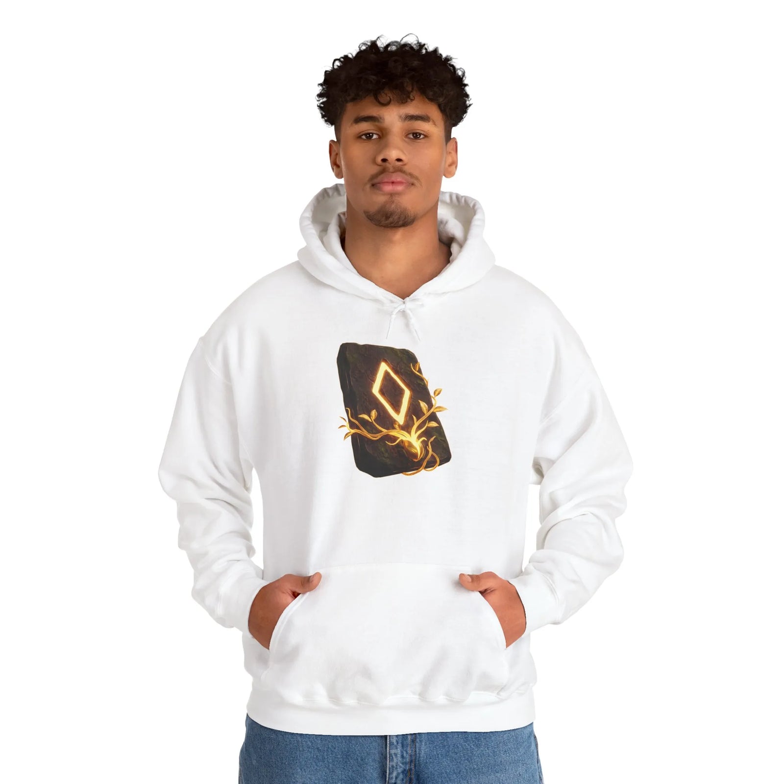 Ingwaz Runic Seed Hoodie - Warm Cotton Blend Pullover - Unisex White