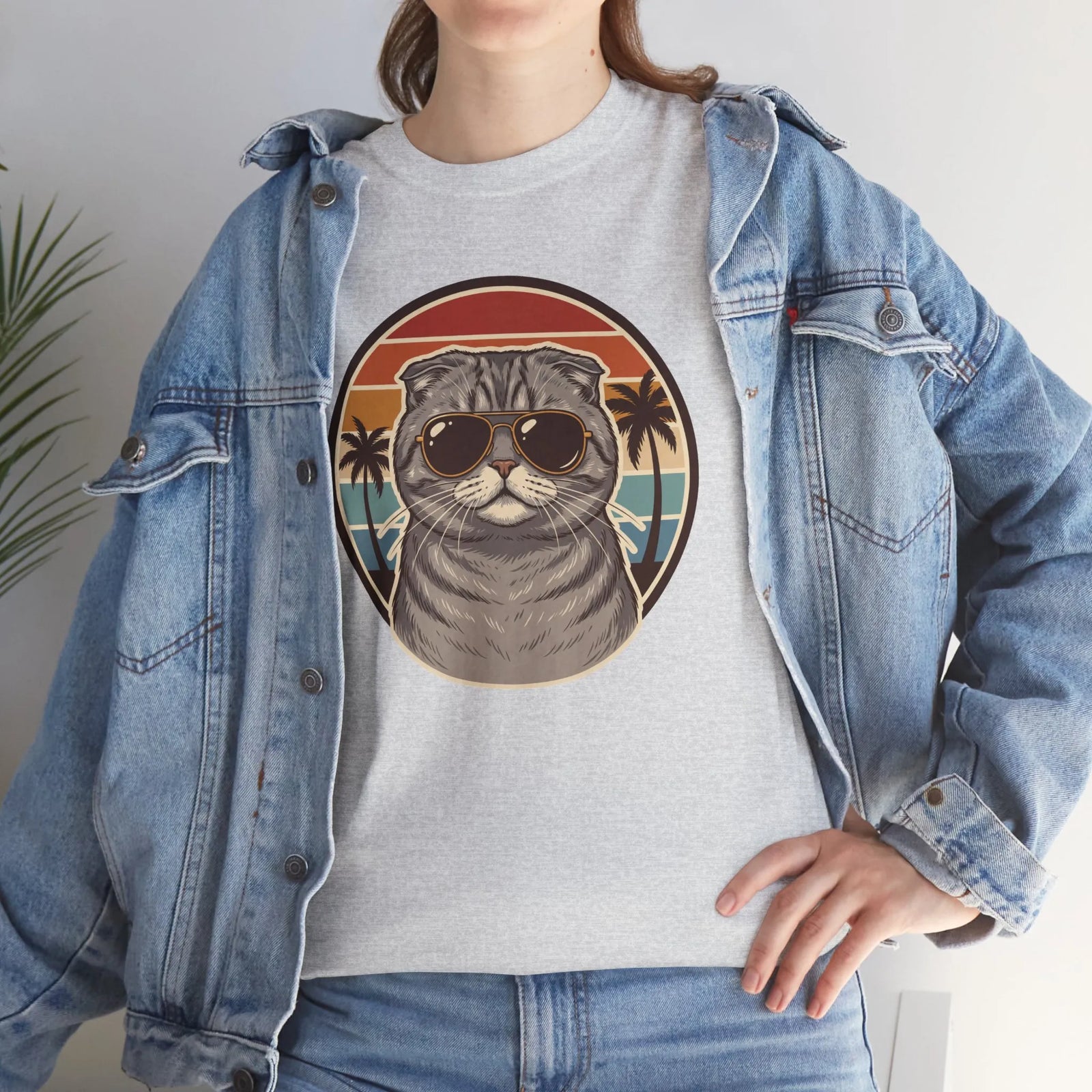Scottish Fold Cat 70s Aviator T-Shirt - Heavy Cotton Classic Fit Crewneck - Unisex White