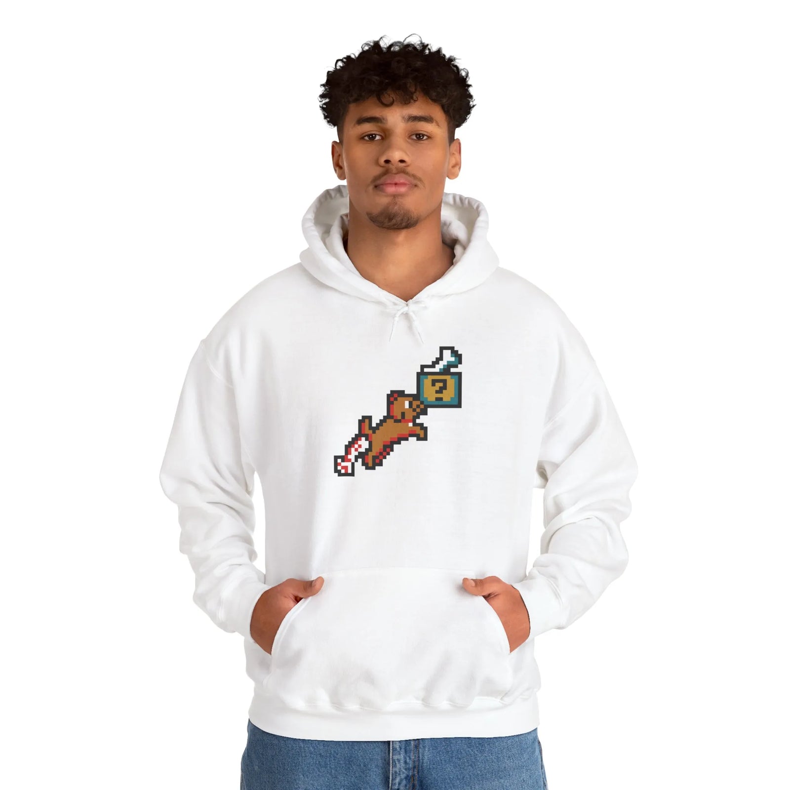 8-Bit Pixel Gaming Dog Fetch Quest Hoodie - Medium Heavy Blend Fleece Pullover - Unisex Off White