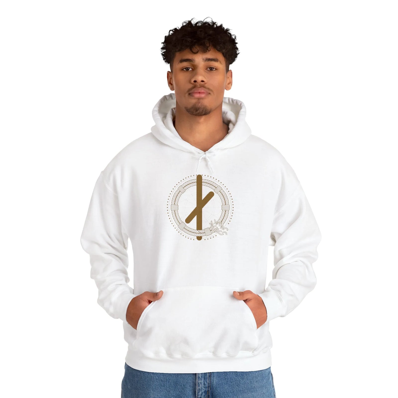 Nauthiz Rune Necessity Symbol Hoodie - Soft Blend Fleece Pullover - Unisex White
