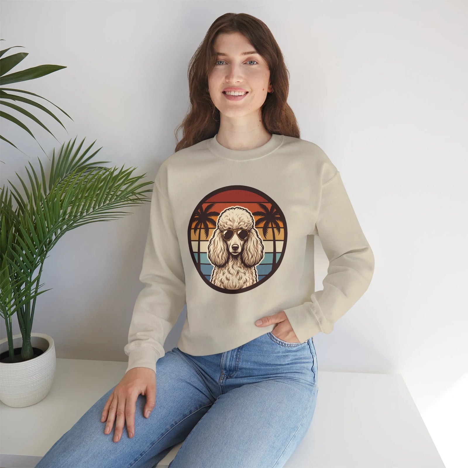 70s Sunset Poodle Aviators Graphic Sweatshirt - Heavy Blend Cotton-Poly Crewneck - Unisex White