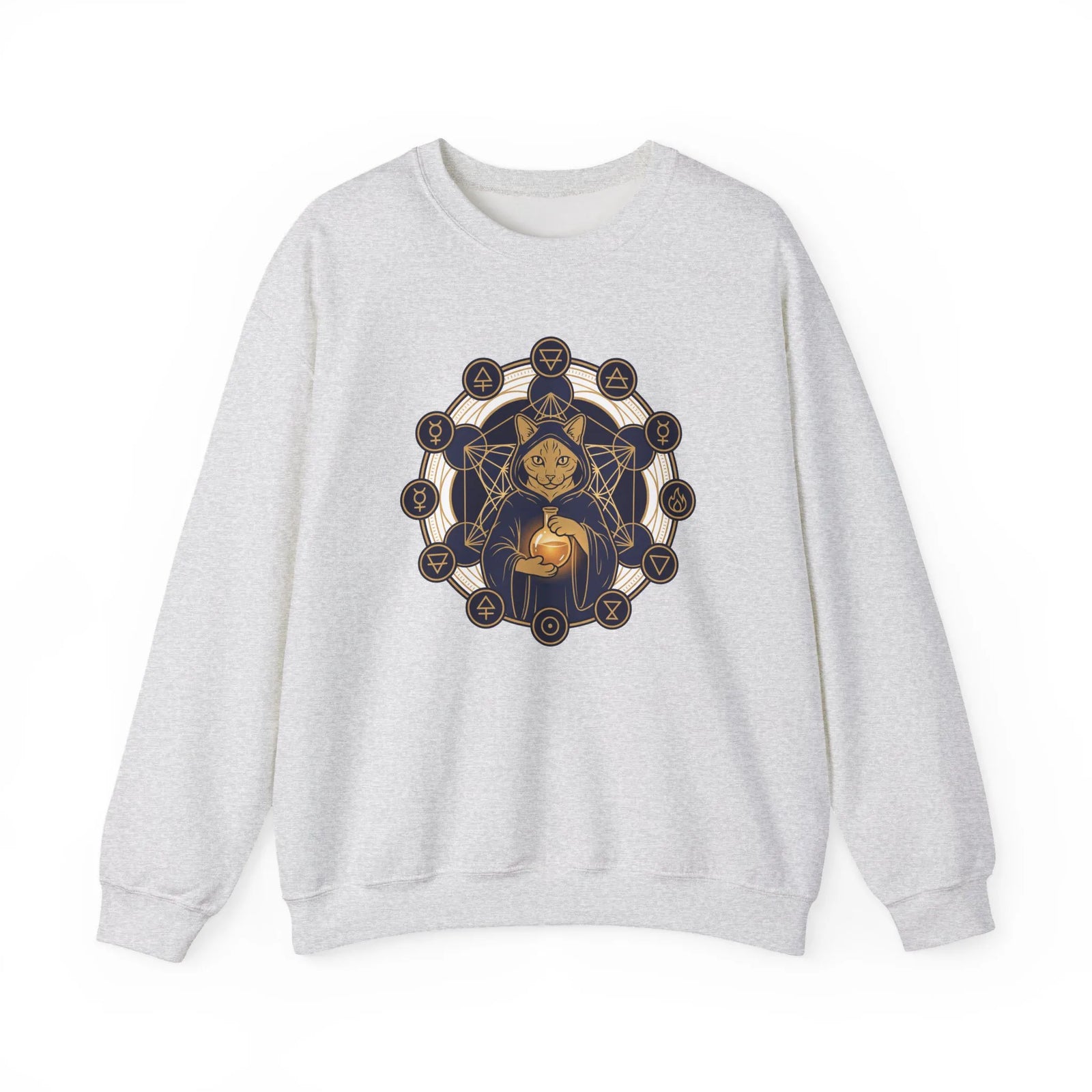 Sacred Geometry Alchemist Cat Sweatshirt - Heavy Blend Fleece Crewneck - Unisex White
