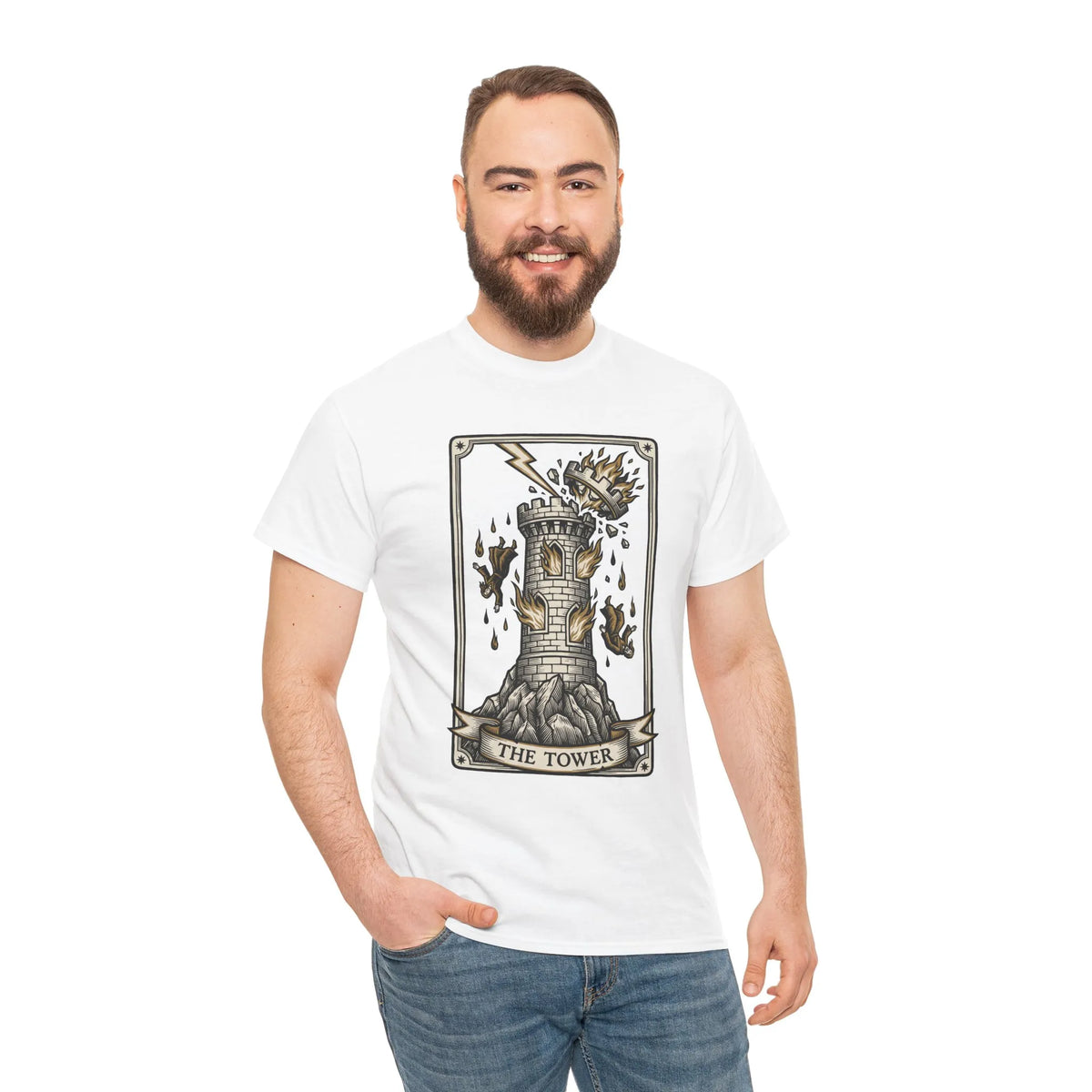 The Tower Tarot Card Graphic T-Shirt - Heavy Cotton Classic Fit Tee - Unisex White