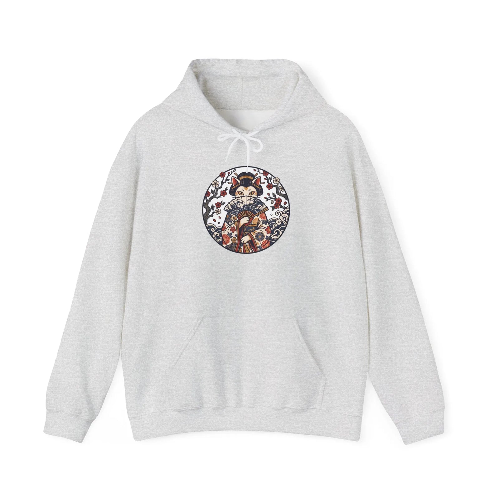 Ukiyo-e Samurai Cat Fan Dancer Hoodie - Heavy Blend Fleece Pullover - Unisex White