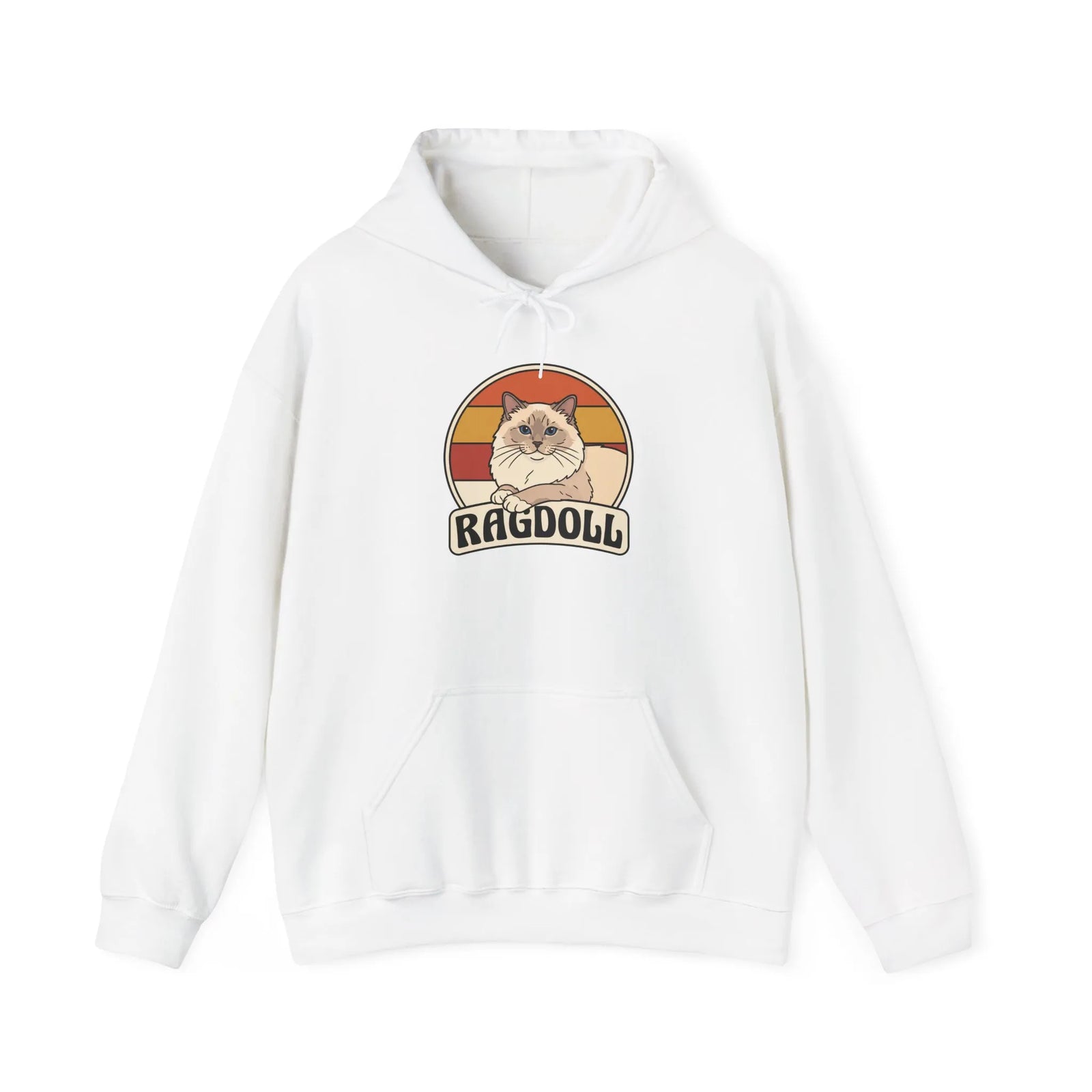 Ragdoll Cat Retro 70s Sunset Hoodie - Soft Blend Fleece Pullover Hoodie - Unisex White