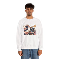 Ukiyo-e Samurai Cat Great Wave Sweatshirt - Heavy Blend Cotton Blend Crewneck - Unisex White