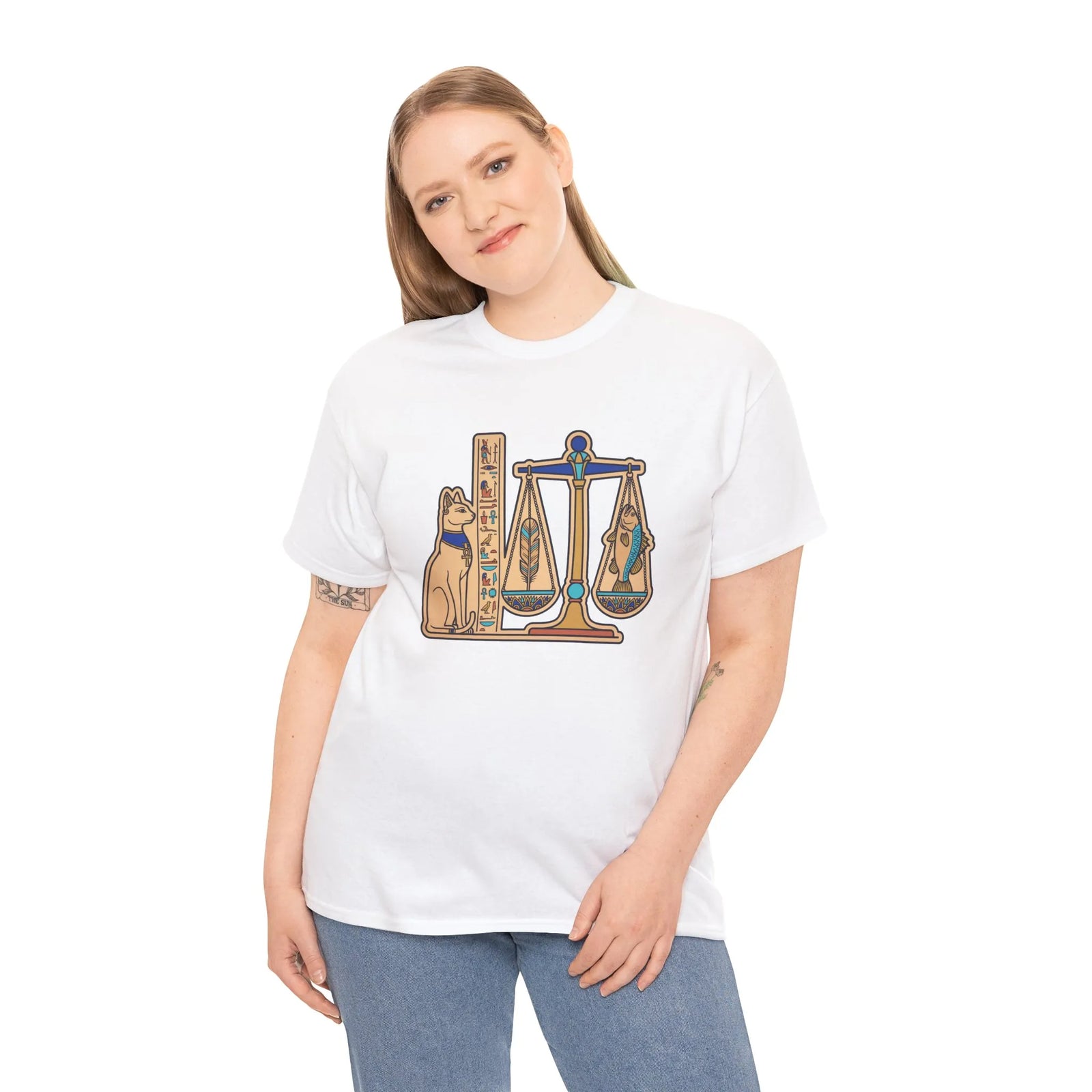 Egyptian Scales Pharaoh Cat Graphic T-Shirt - Heavy Cotton Classic Fit Tee - Unisex White