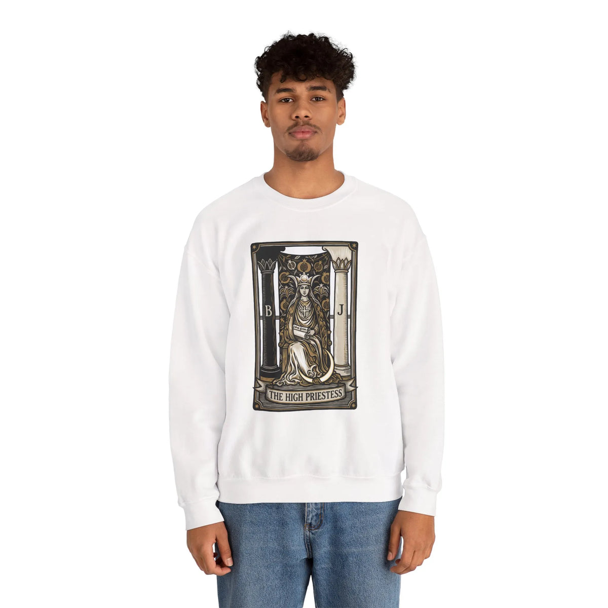 The High Priestess Tarot Card Sweatshirt - Heavy Blend Fleece Crewneck - Unisex White