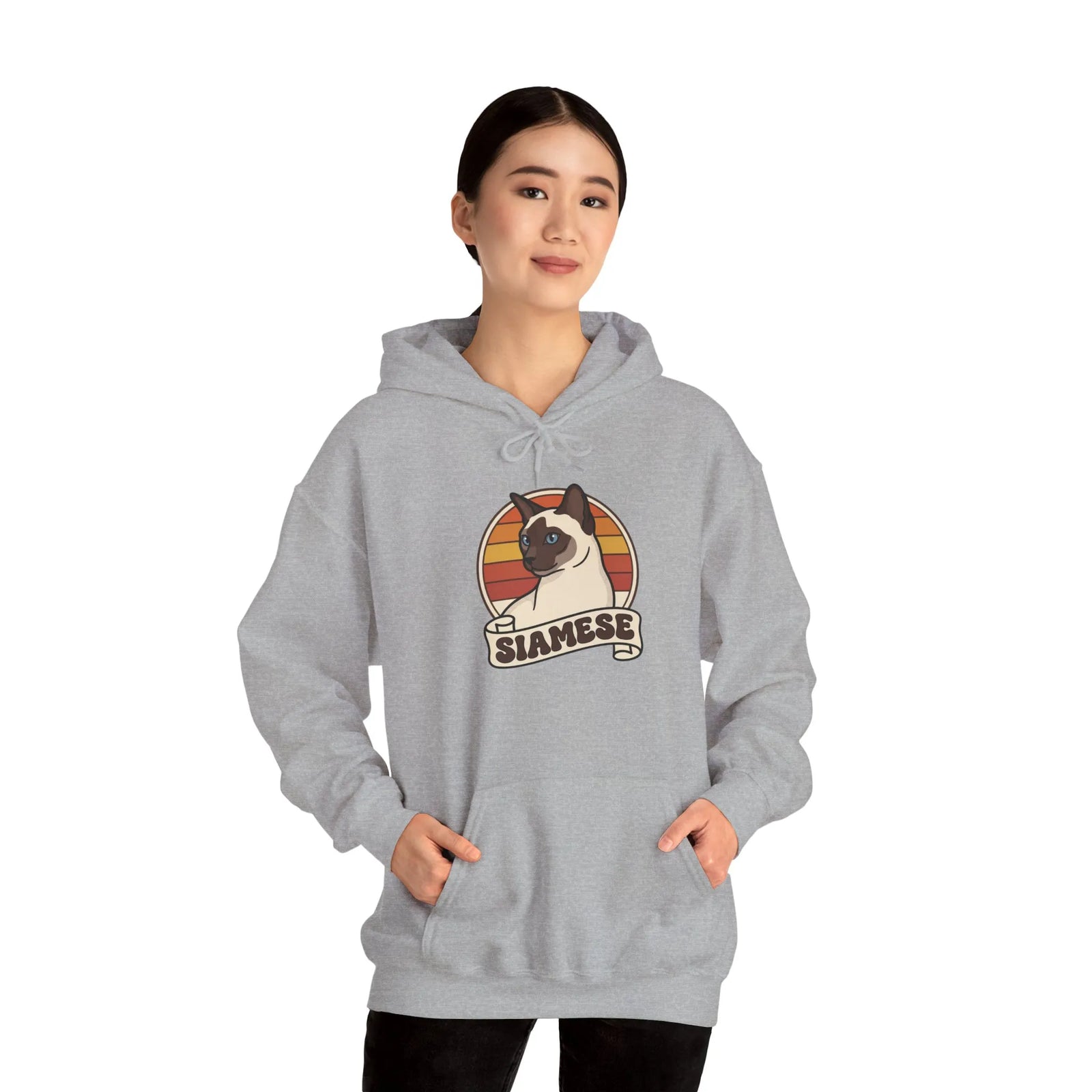 Siamese Cat Retro 70s Sunset Graphic Hoodie - Cozy Cotton Poly Blend Pullover - Unisex White