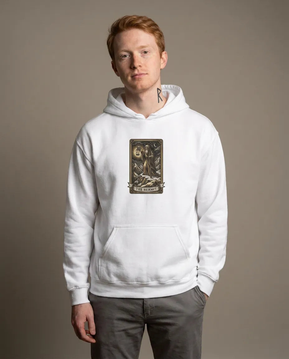 The Hermit Tarot Card Hoodie - Heavy Blend Fleece Pullover - Unisex White