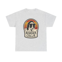 Border Collie Retro 70s Sunset T-Shirt - Heavy Cotton Classic Fit Tee - Unisex White