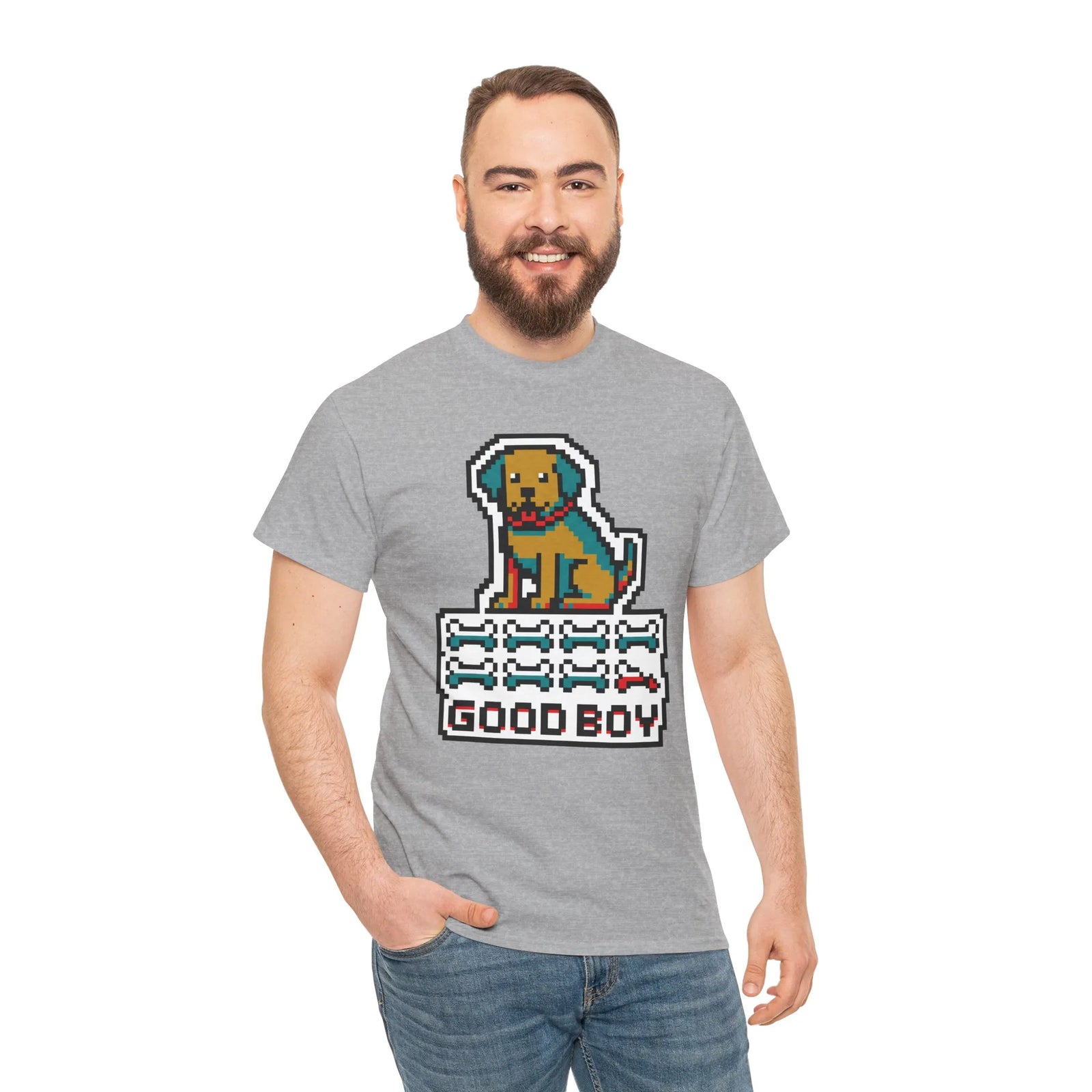 Good Boy 8-Bit Pixel Gaming Dogs T-Shirt - Heavy Cotton Classic Fit Tee - Unisex White