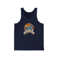 Russian Blue Retro 70s Sunset Tank Top - Soft Combed Cotton Retail Fit - Unisex White