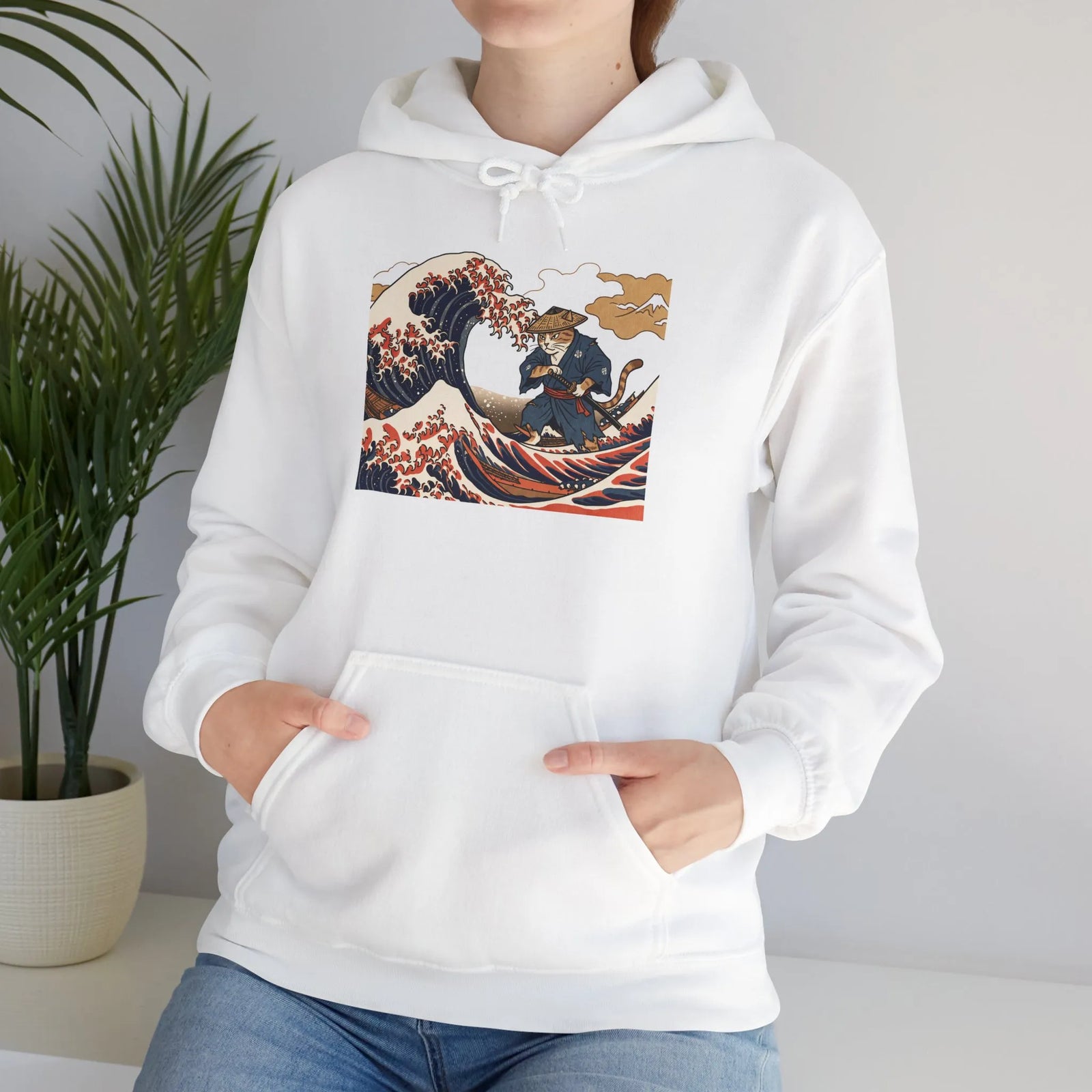 Ronin Wave Samurai Cat Ukiyo-e Hoodie - Heavy Blend Fleece Pullover - Unisex White