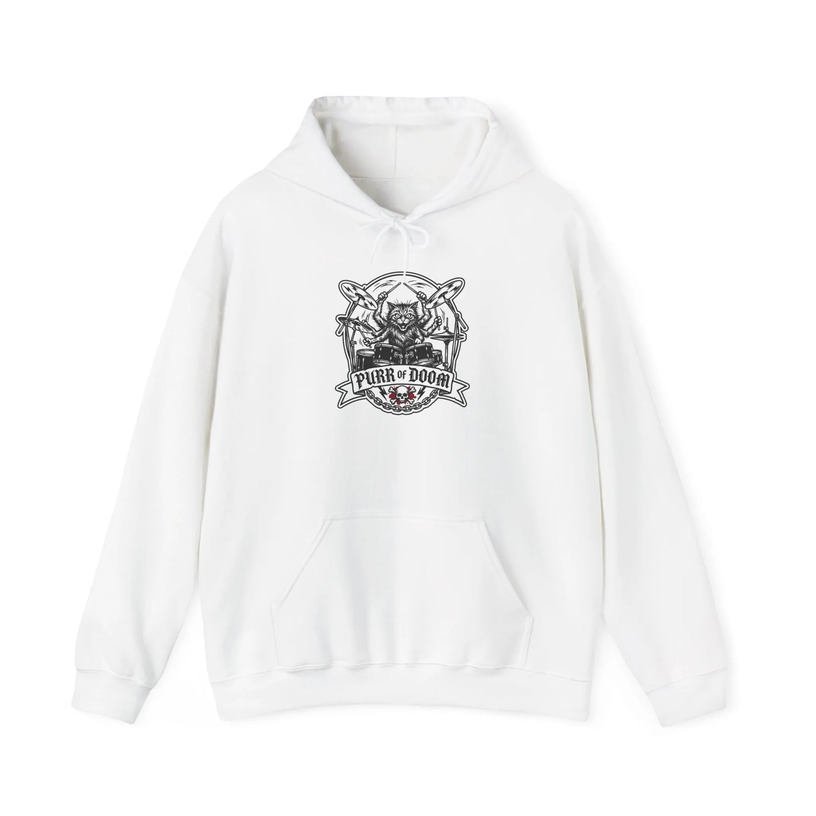 Drummer Heavy Metal Rocker Cats Hoodie - Classic Fit Heavy Blend Fleece - Unisex White
