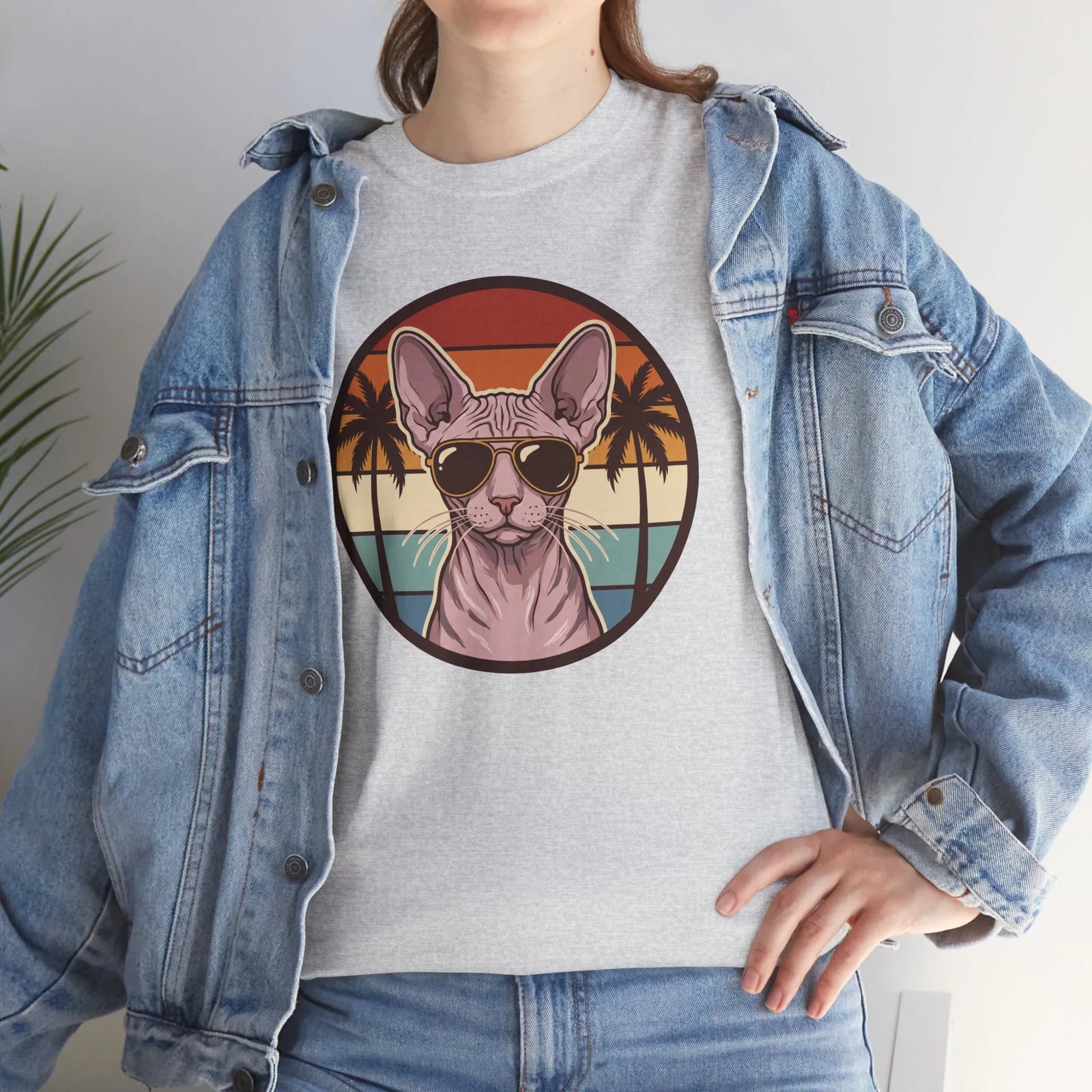 Sphynx Cat 70s Sunset Aviators T-Shirt - Heavy Cotton Classic Fit Tee - Unisex White