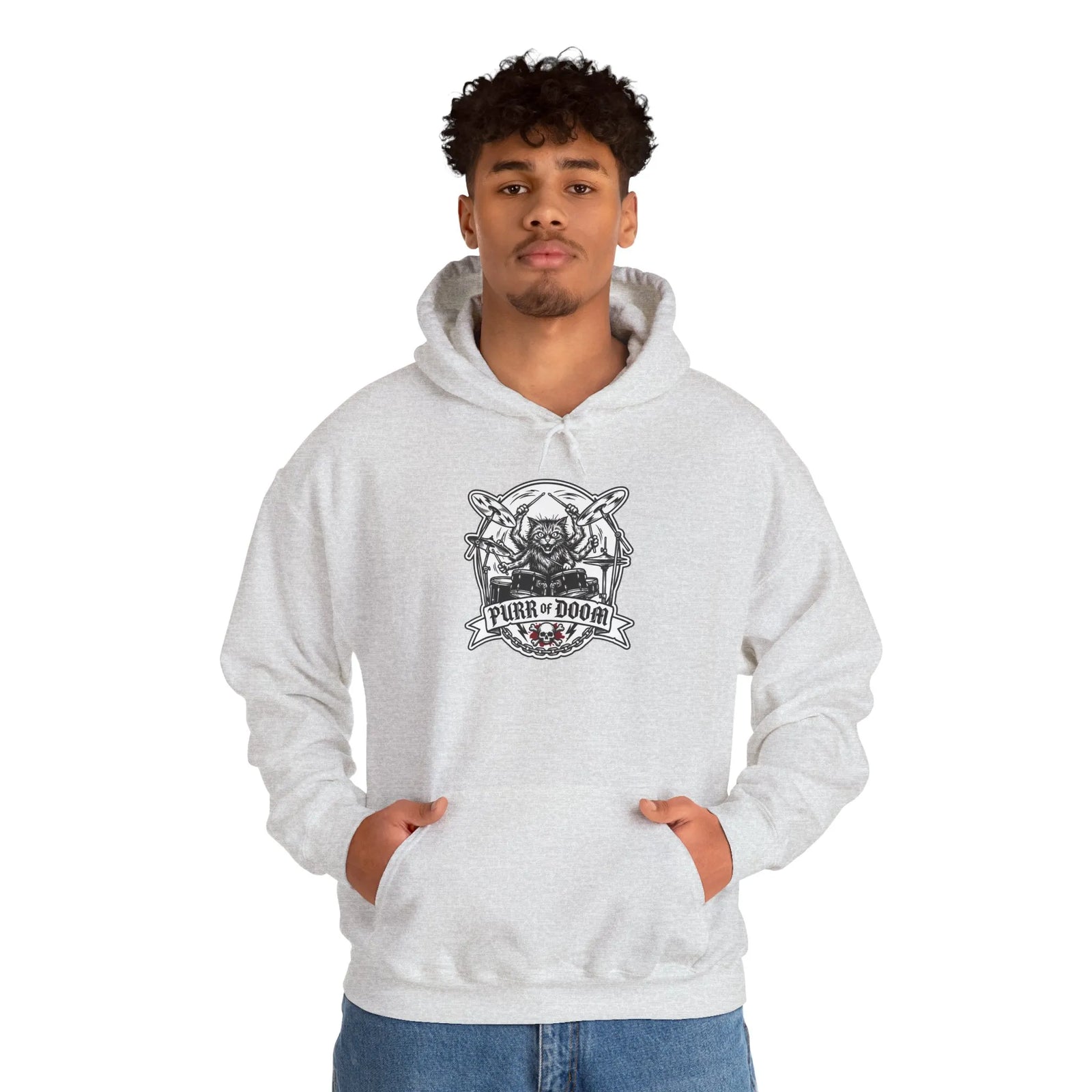 Drummer Heavy Metal Rocker Cats Hoodie - Classic Fit Heavy Blend Fleece - Unisex White