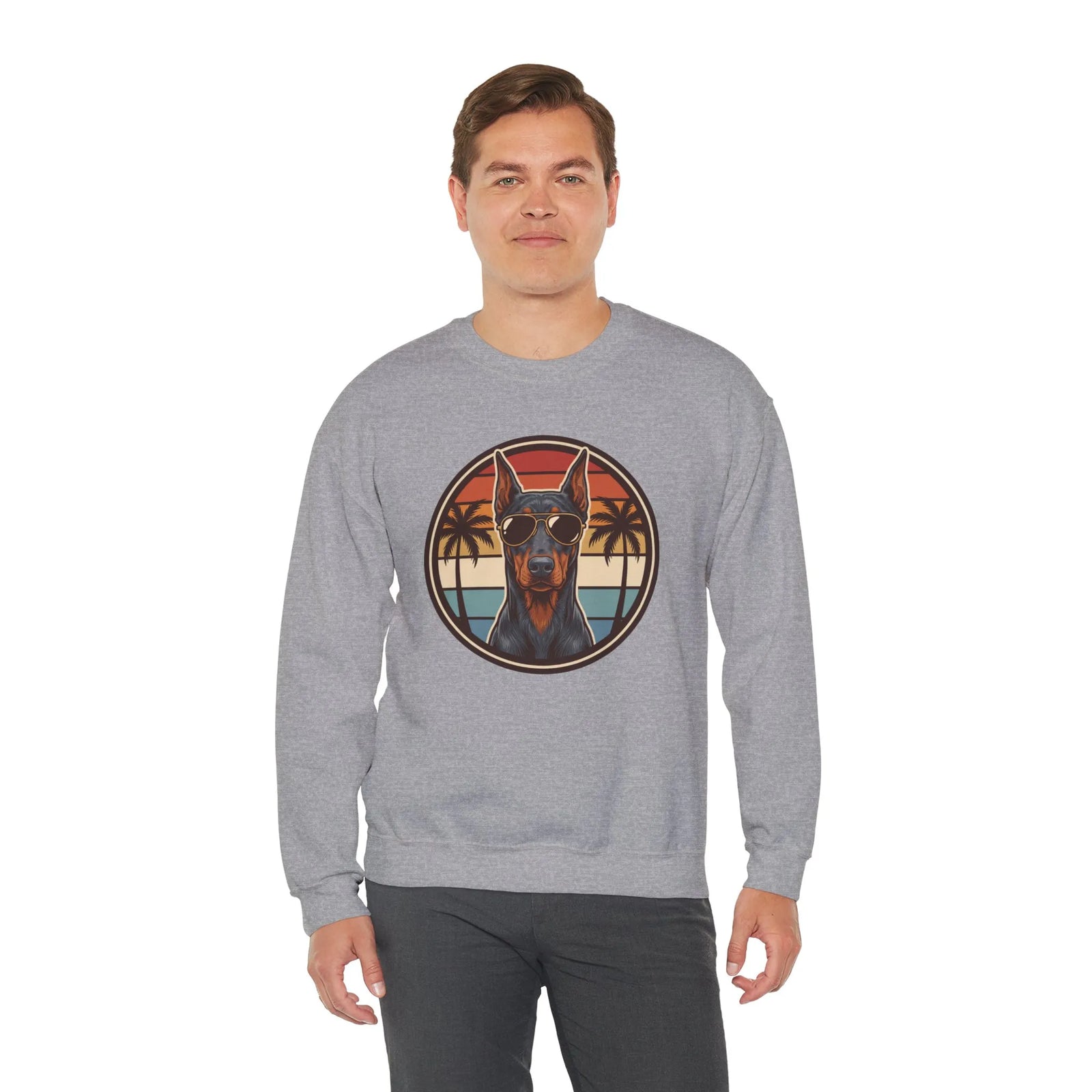Doberman 70s Sunset Aviators Sweatshirt - Heavy Blend Fleece Crewneck - Unisex White