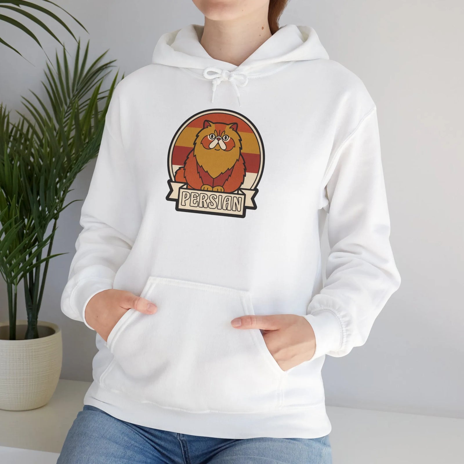 Retro 70s Persian Cat Sunset Hoodie - Cotton Poly Blend Fleece Pullover - Unisex White