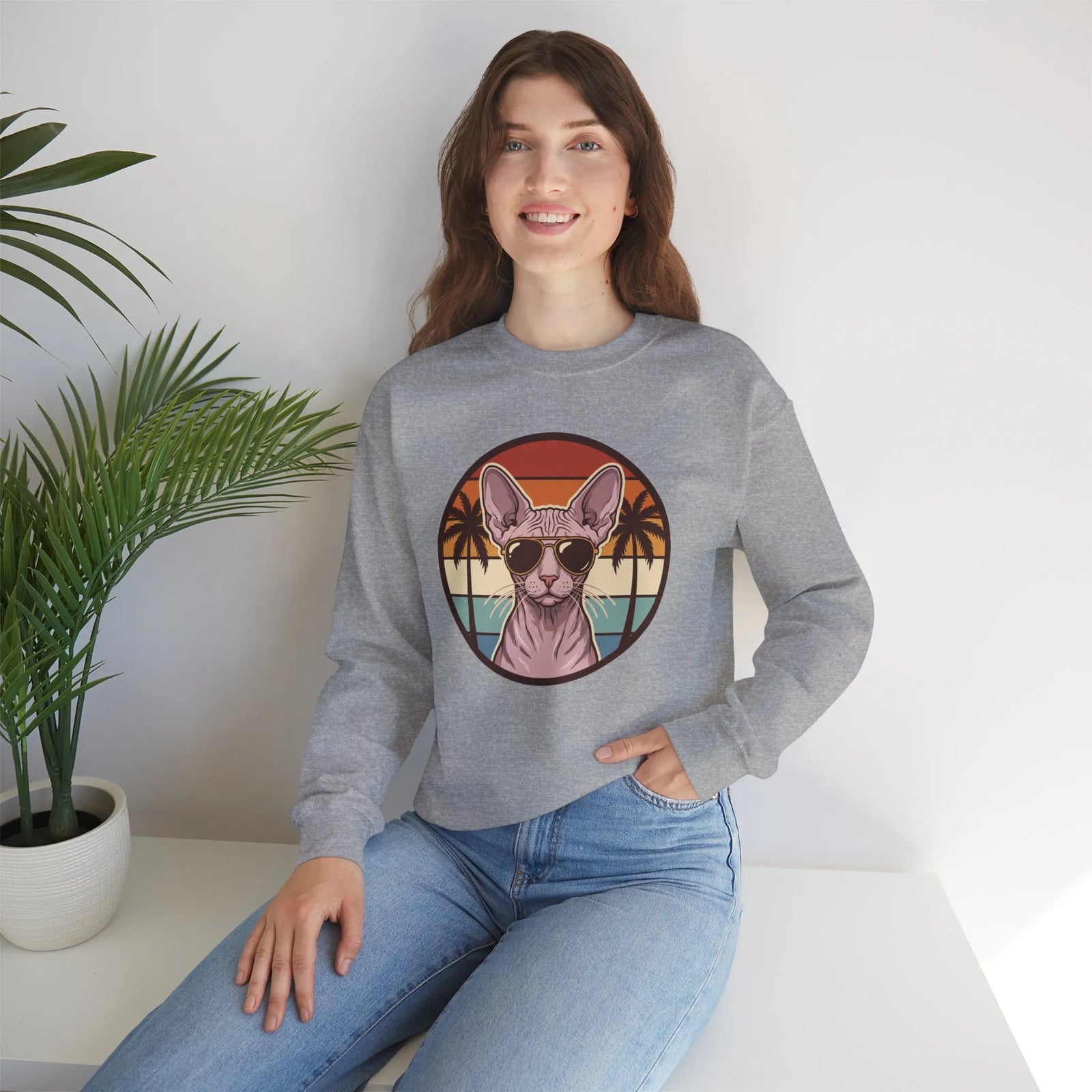 Sphynx Cat 70s Sunset Aviator Sweatshirt - Heavyweight Cotton Blend Crewneck - Unisex White