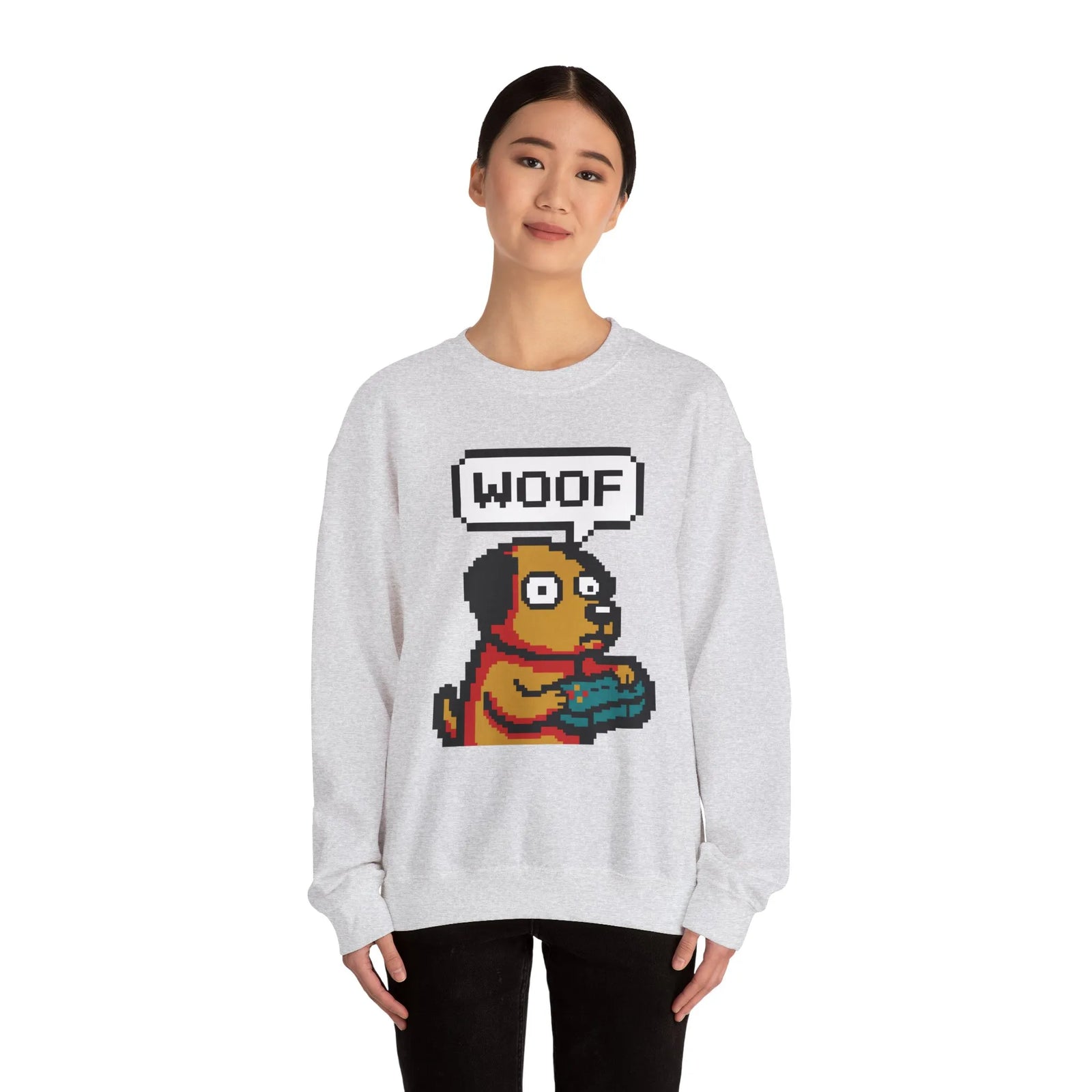 8-Bit Pixel Gaming Dogs Sweatshirt - Heavy Blend Cotton-Poly Crewneck - Unisex White