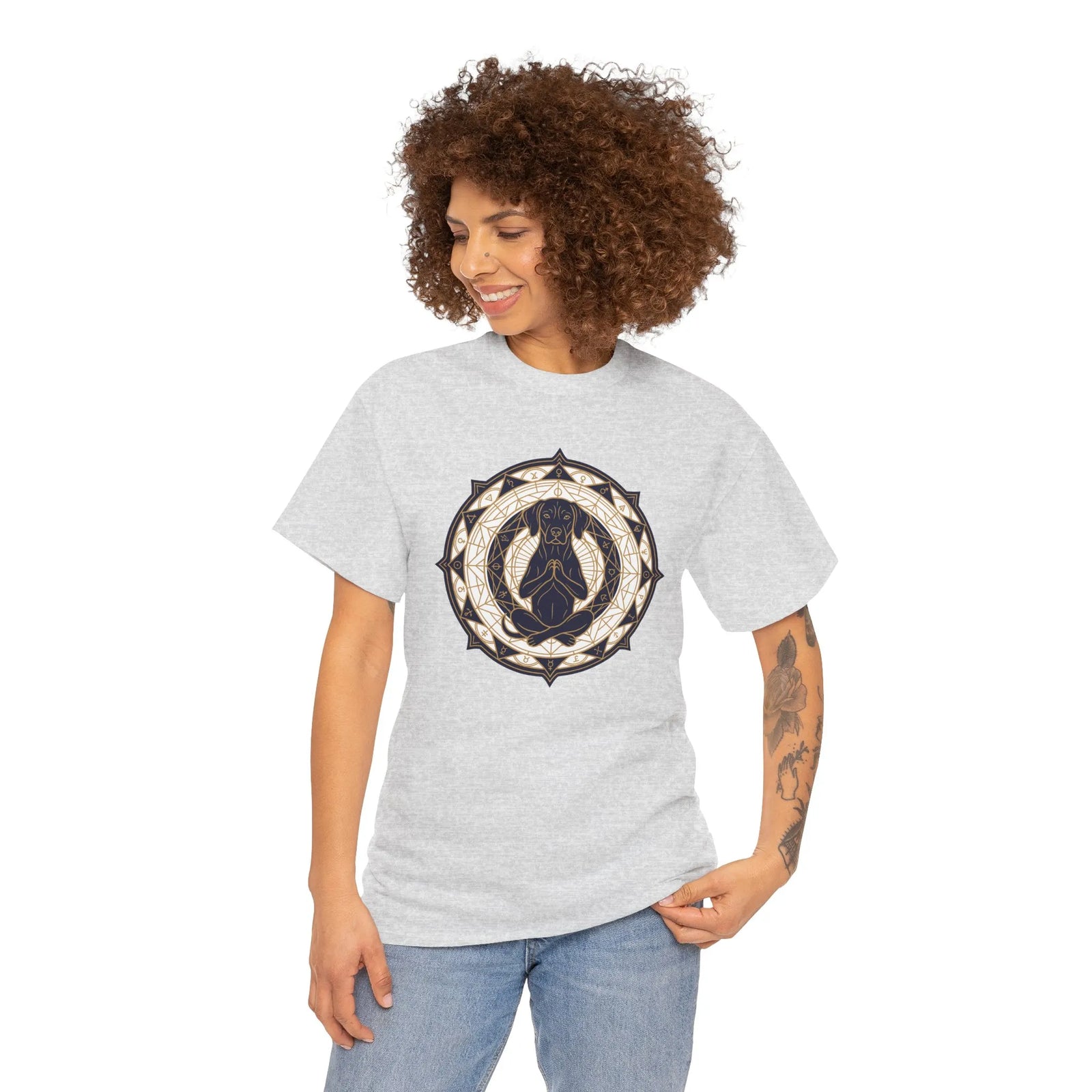 Meditating Dog Sacred Geometry T-Shirt - Heavy Cotton Classic Fit Tee - Unisex White