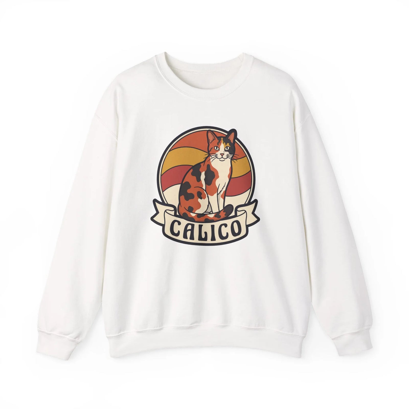 Calico Cat Retro 70s Sunset Sweatshirt - Heavy Blend Classic Fit Fleece - Unisex White