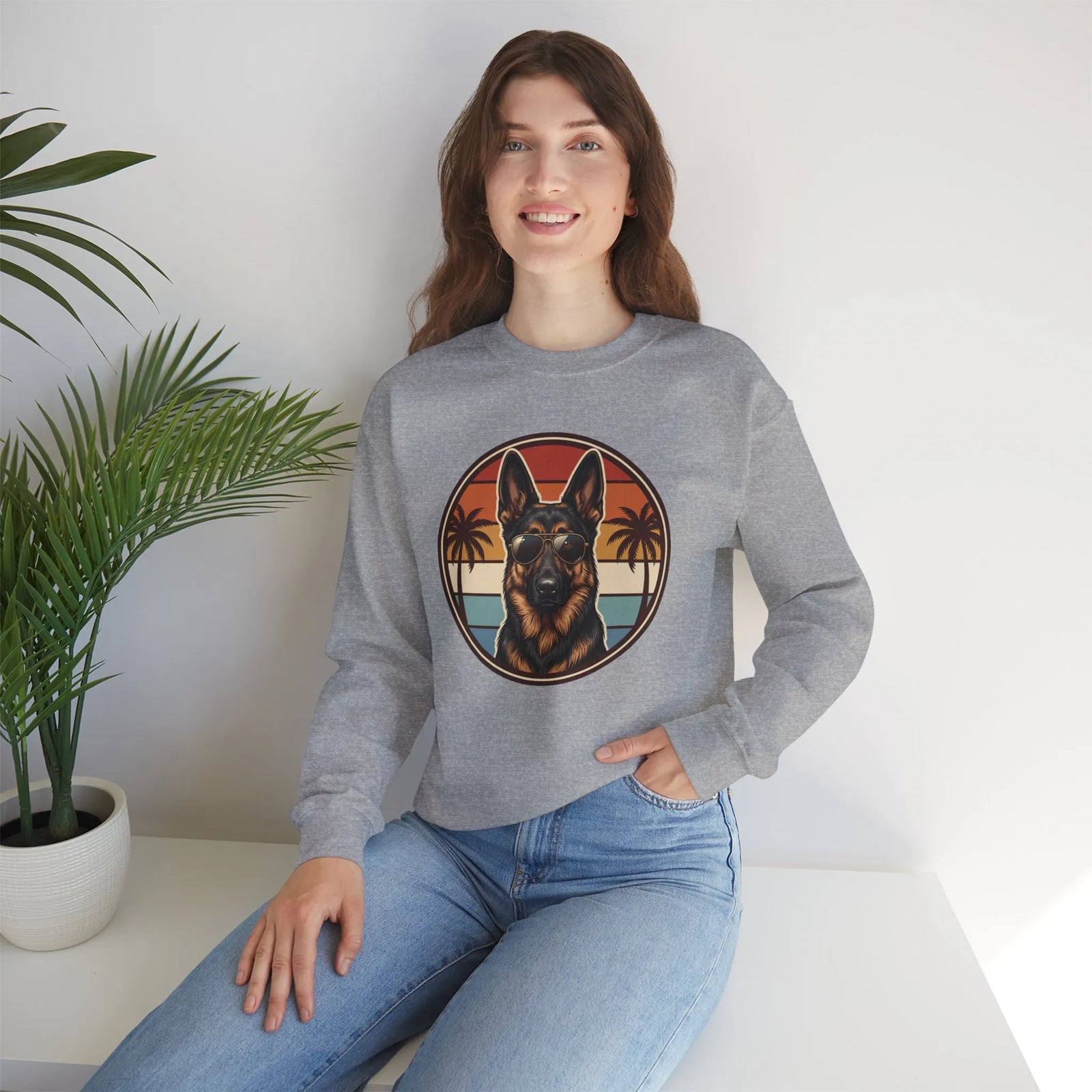 German Shepherd 70s Sunset Aviators Sweatshirt - Heavy Blend Cotton-Poly Crewneck - Unisex White